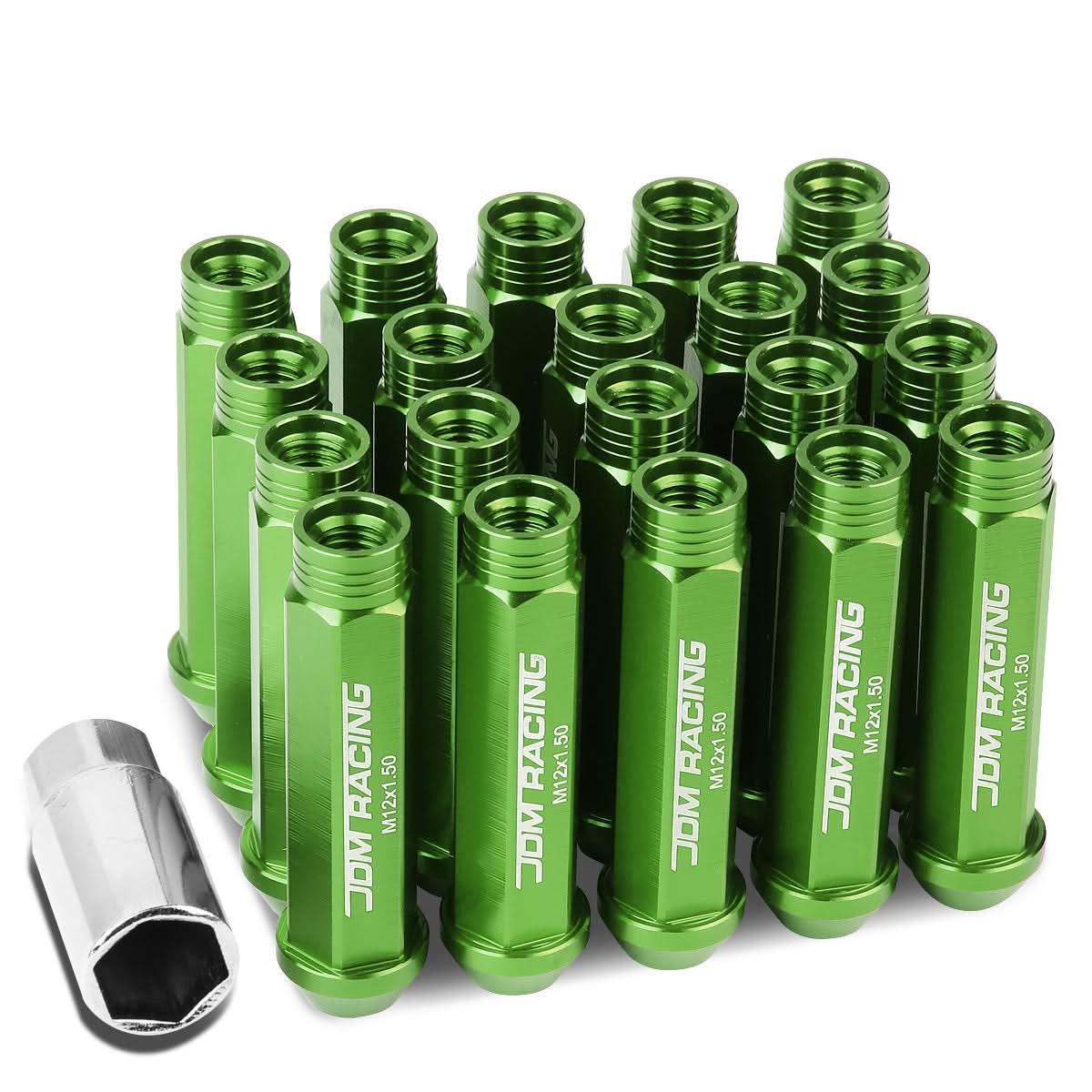 M12 x 1.5 Extended Acorn Lug Nuts 90mm Green Aluminum 20pc Set