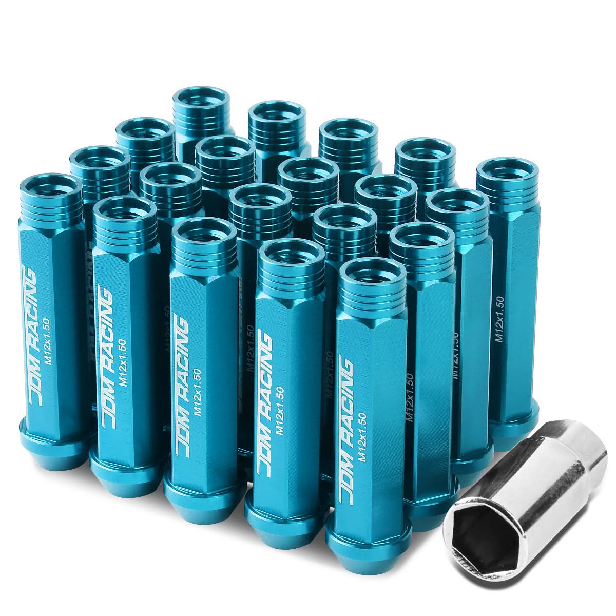Universal Aluminum M12x1.5 Acorn Lug Nuts Extended Open End Light Blue 20pc