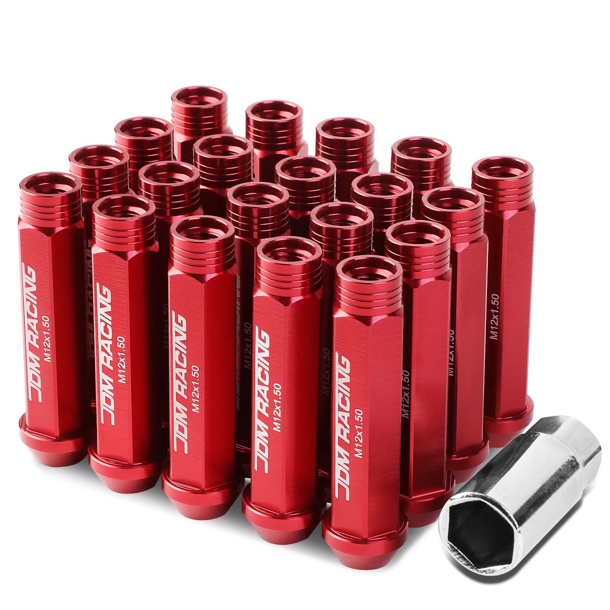 M12 x 1.5 Aluminum Acorn Lug Nuts 90mm Extended Open End Red 20pc