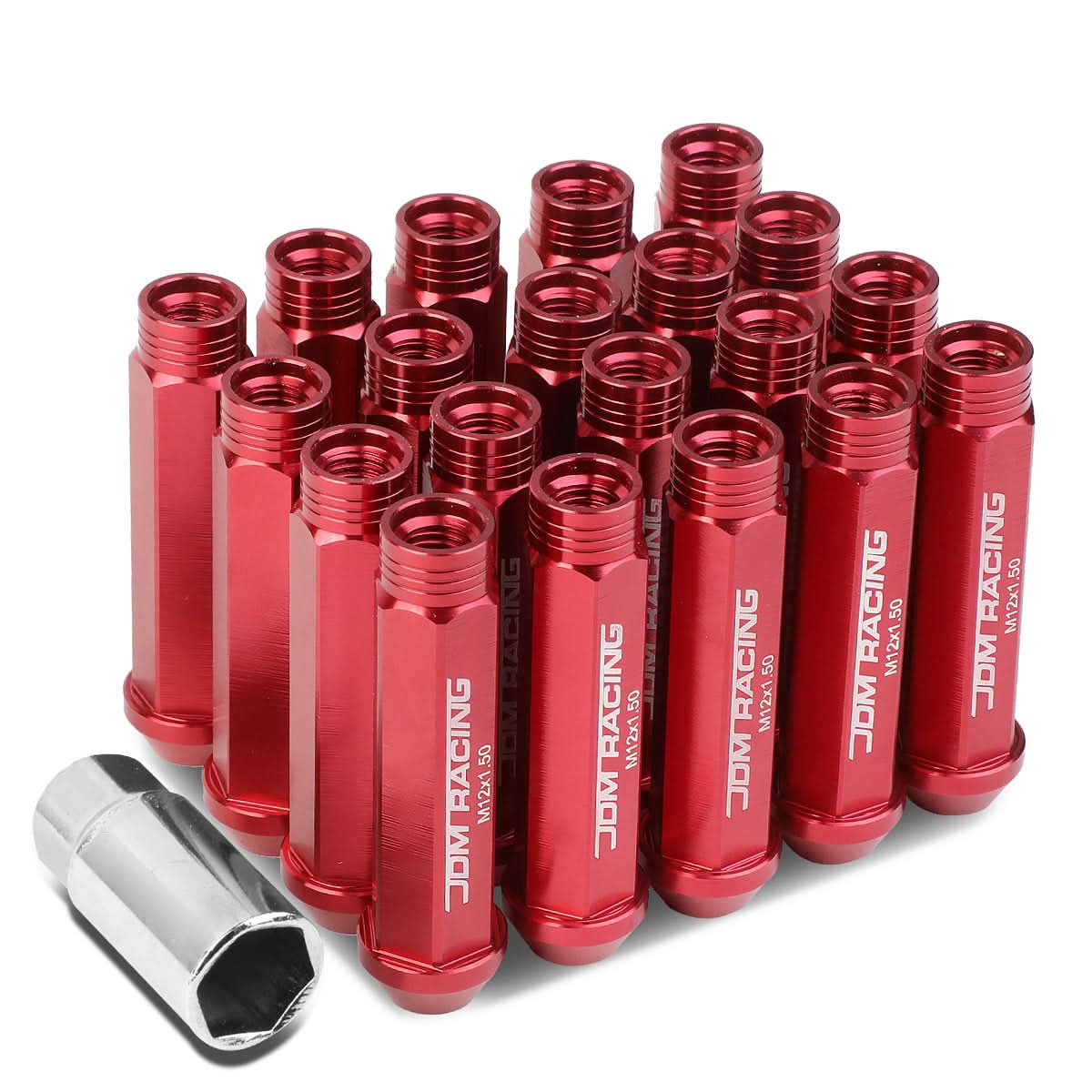 M12 x 1.5 Aluminum Acorn Lug Nuts 90mm Extended Open End Red 20pc