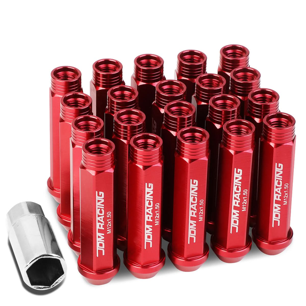 M12 x 1.5 Aluminum Acorn Lug Nuts 90mm Extended Open End Red 20pc