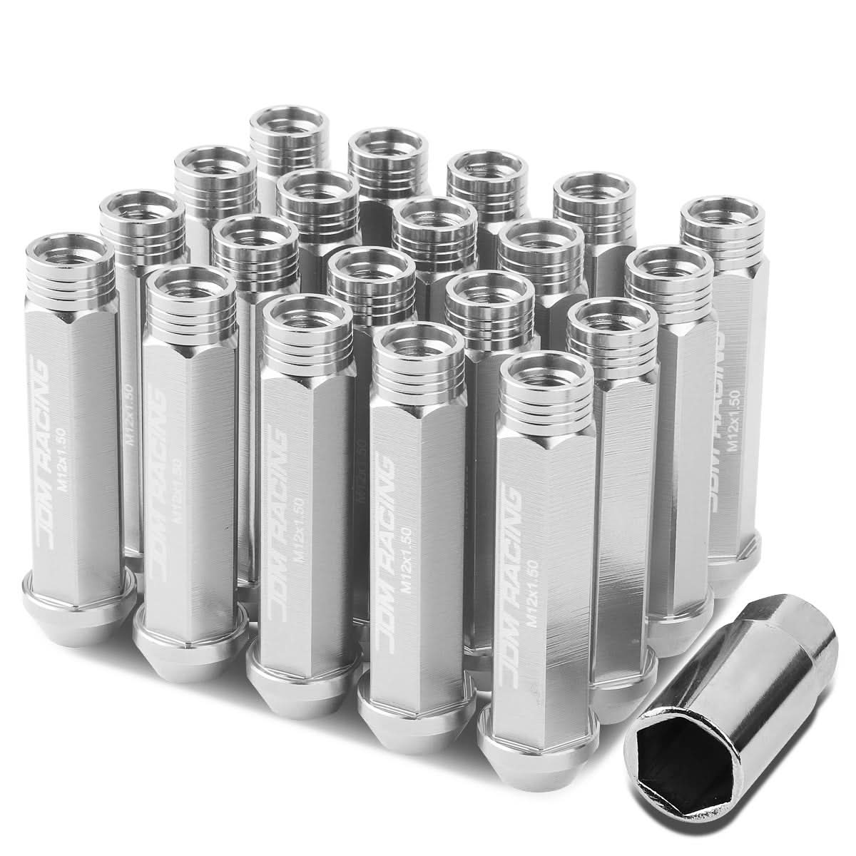 M12 x 1.5 Extended Acorn Lug Nuts 90mm Silver Aluminum 20pc Set
