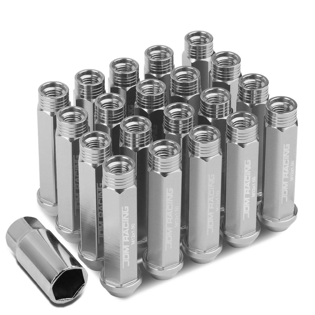 M12 x 1.5 Extended Acorn Lug Nuts 90mm Silver Aluminum 20pc Set