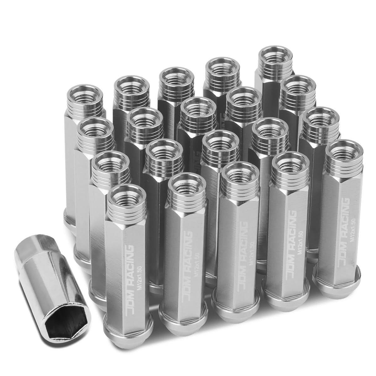 M12 x 1.5 Extended Acorn Lug Nuts 90mm Silver Aluminum 20pc Set
