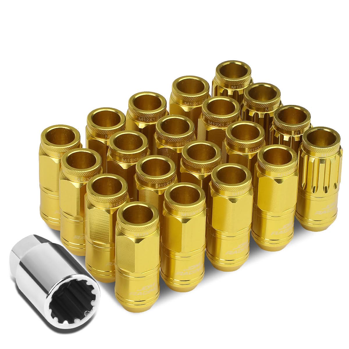 M12 x 1.25 Acorn Style Aluminum Lug Nuts 50mm 16pcs + 4 Locks - Gold