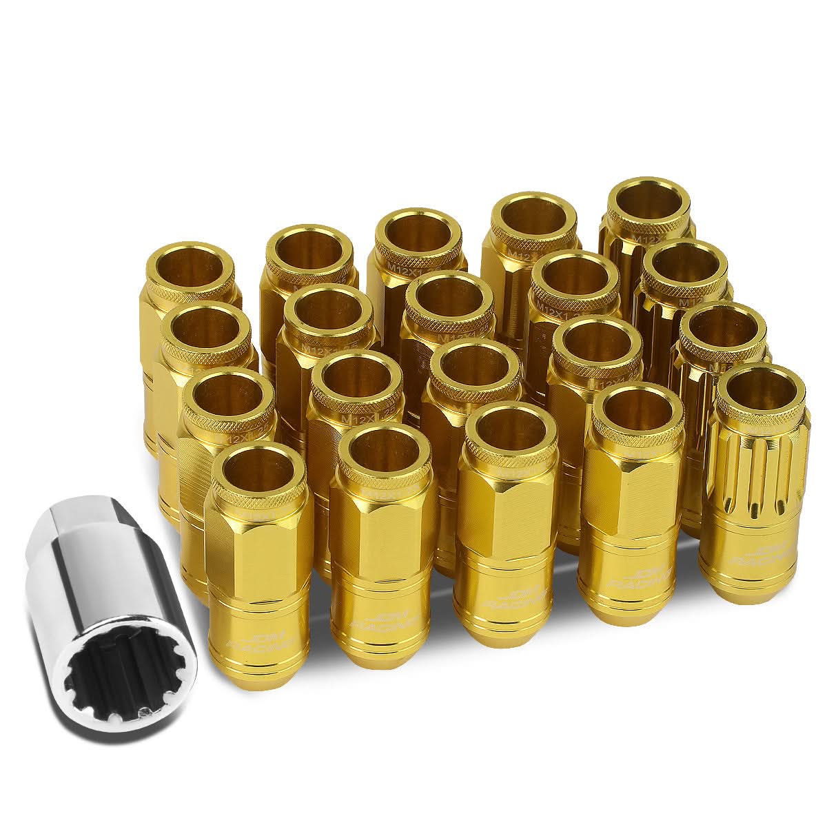 M12 x 1.25 Acorn Style Aluminum Lug Nuts 50mm 16pcs + 4 Locks - Gold