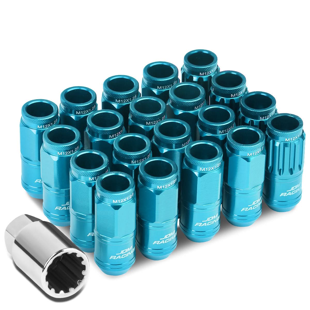 M12 x 1.25 Acorn Style Lug Nuts 50mm Tall Light Blue Aluminum 16pcs