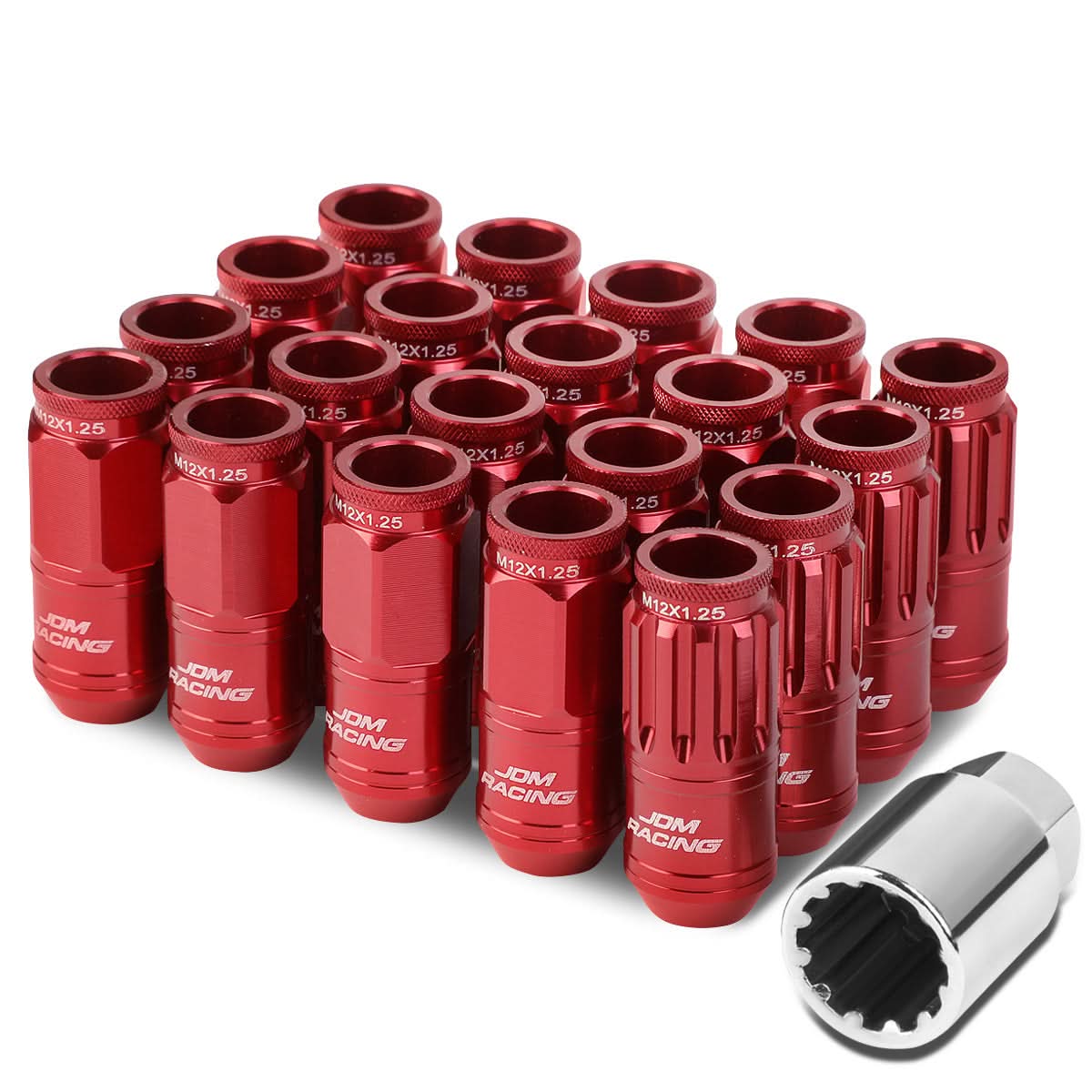Acorn Style Aluminum Lug Nuts M12x1.25 50mm Red 16pcs + 4 Locks