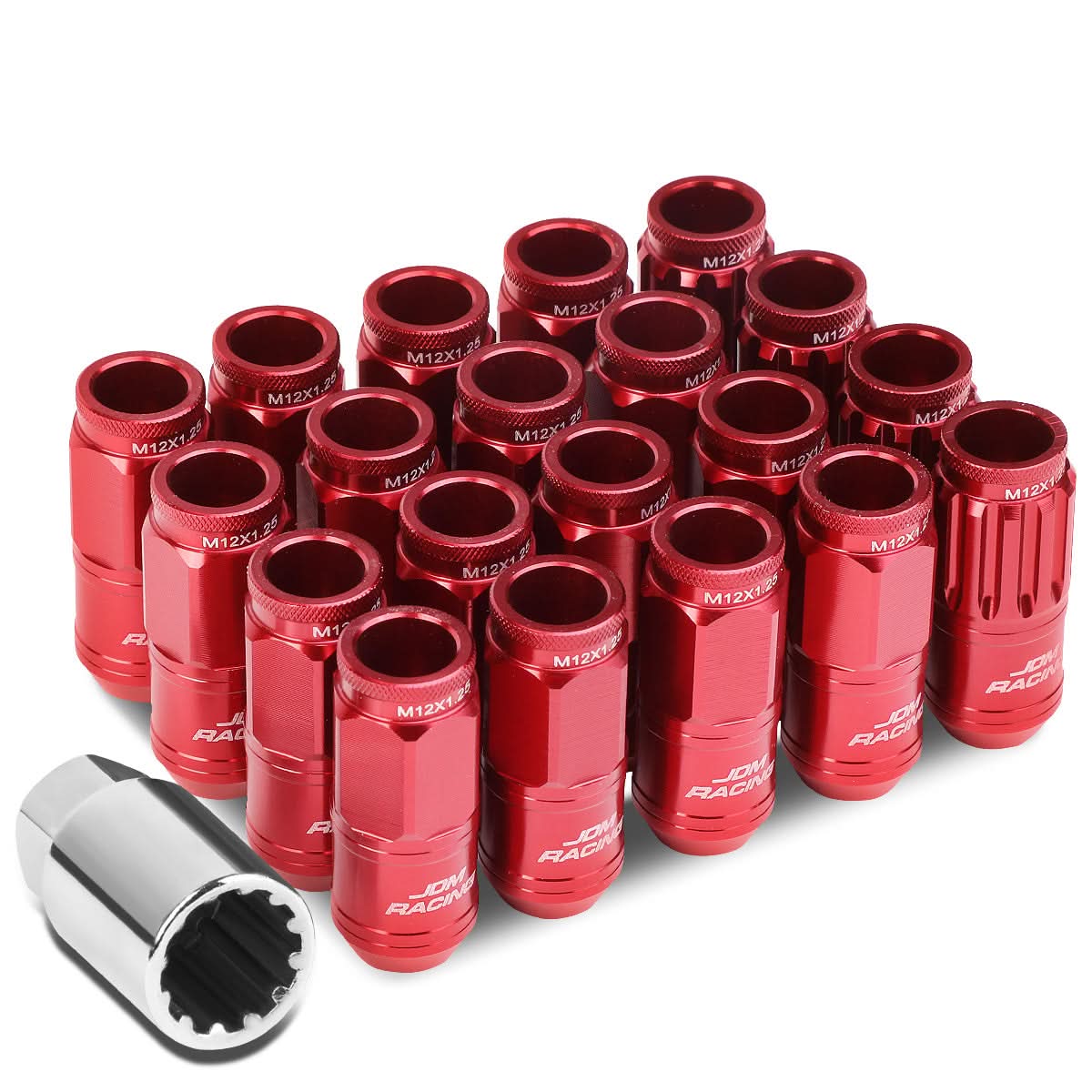 Acorn Style Aluminum Lug Nuts M12x1.25 50mm Red 16pcs + 4 Locks