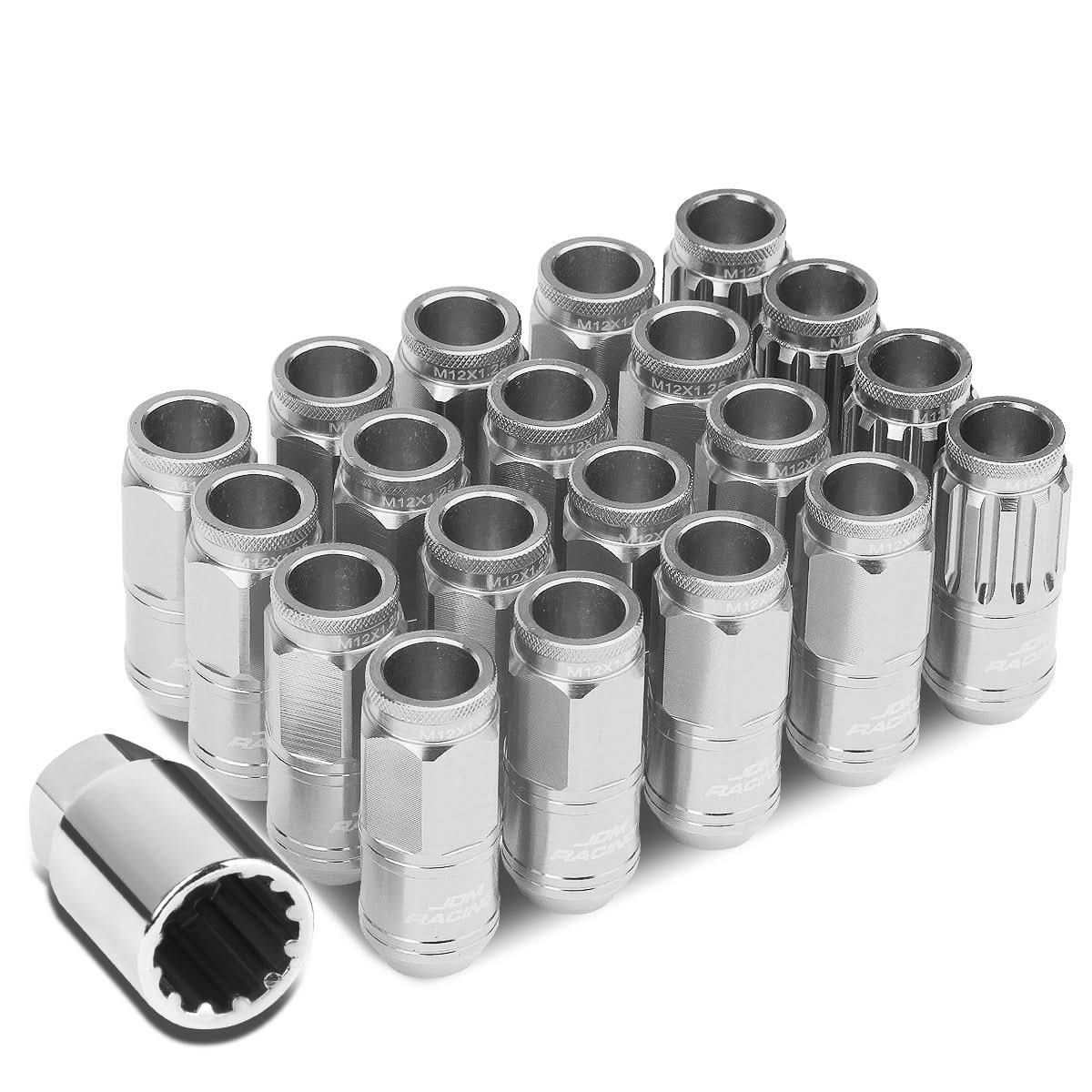 Aluminum Acorn Style Lug Nuts M12 x 1.25 50mm Silver 16pcs + 4 Locks