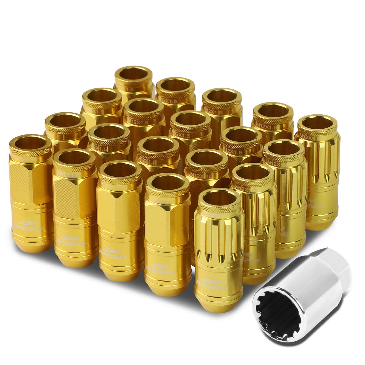 Aluminum Acorn Lug Nuts M12x1.5 50mm 21mm OD 16pcs + 4 Locks Gold