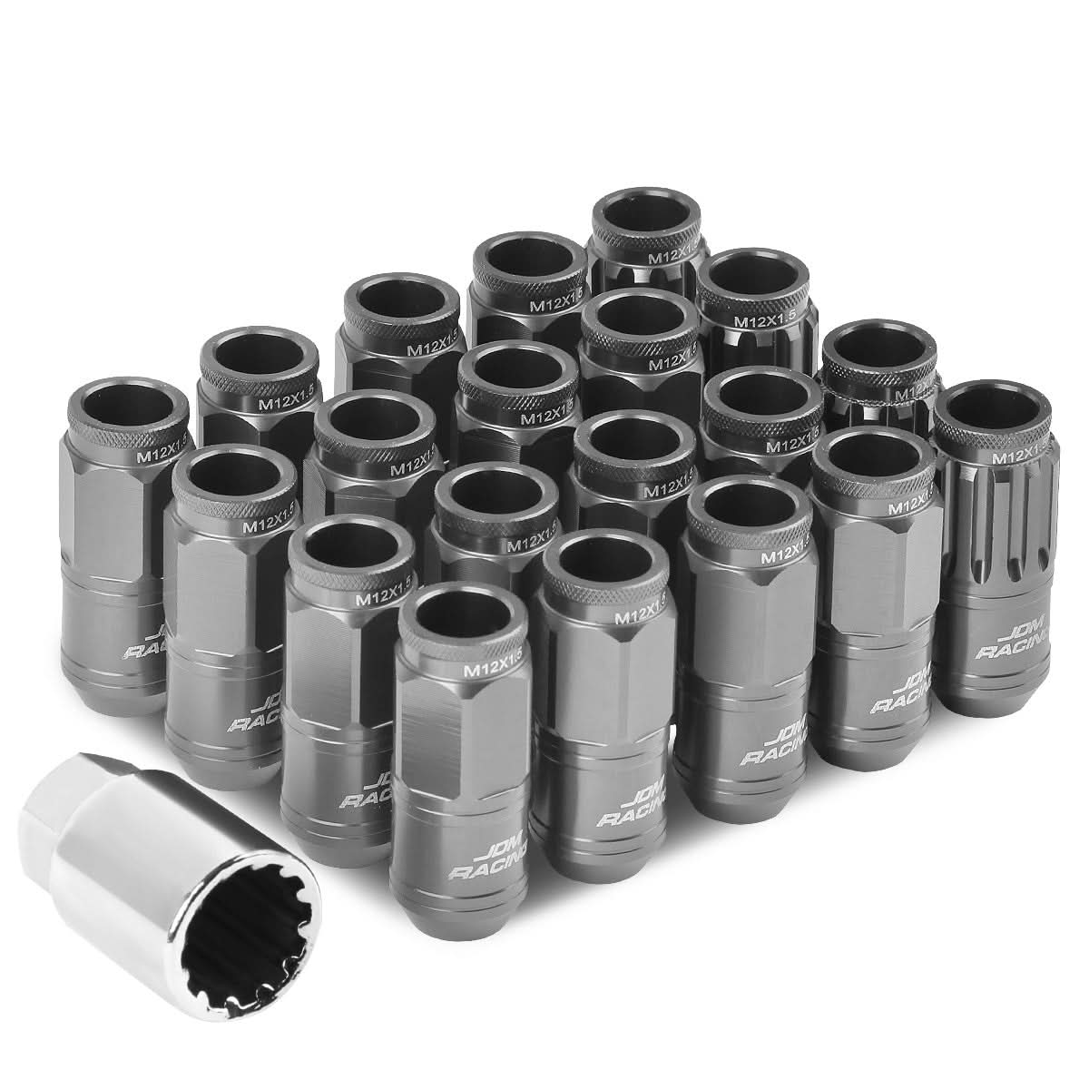 M12 x 1.5 Acorn Style Lug Nuts - Aluminum Gun Metal 16pc + 4 Locks
