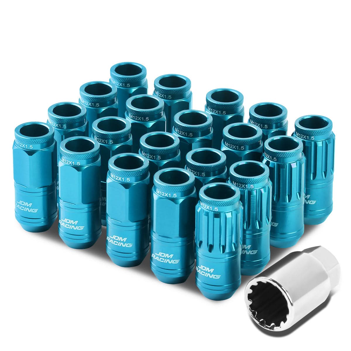 Aluminum Acorn Lug Nuts M12x1.5 50mm Light Blue 16pcs + 4 Locks