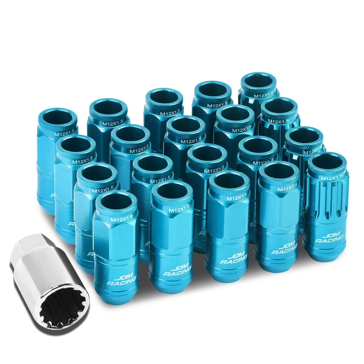 Aluminum Acorn Lug Nuts M12x1.5 50mm Light Blue 16pcs + 4 Locks
