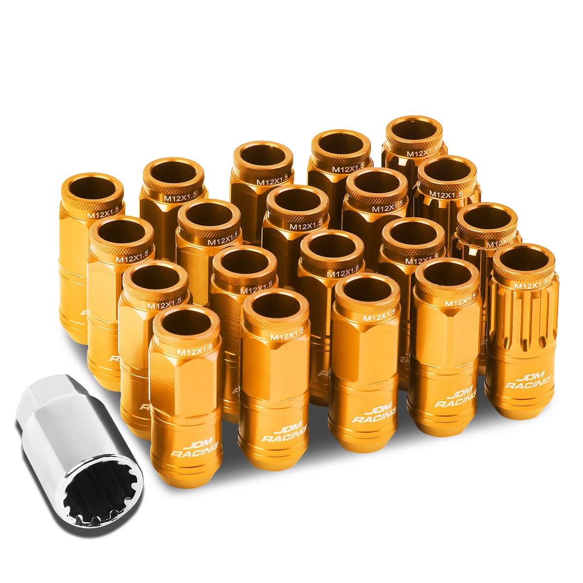 M12 x 1.5 Acorn Style Lug Nuts Set - Aluminum Orange 16pcs + 4 Locks