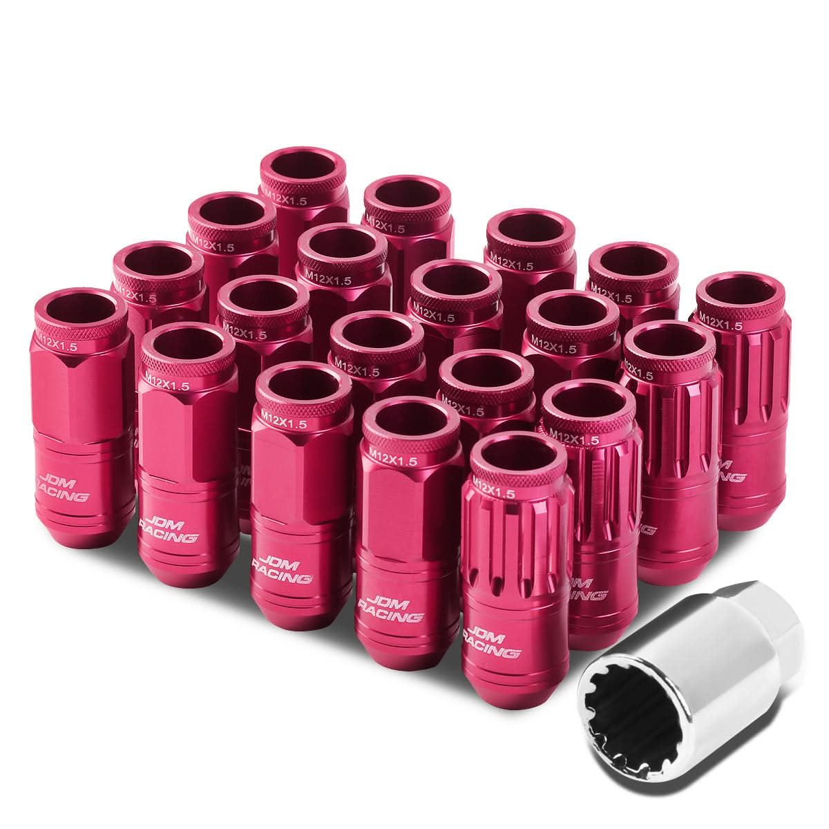 Acorn Style Aluminum Lug Nuts M12x1.5 50mm Pink 16pc + 4 Locks