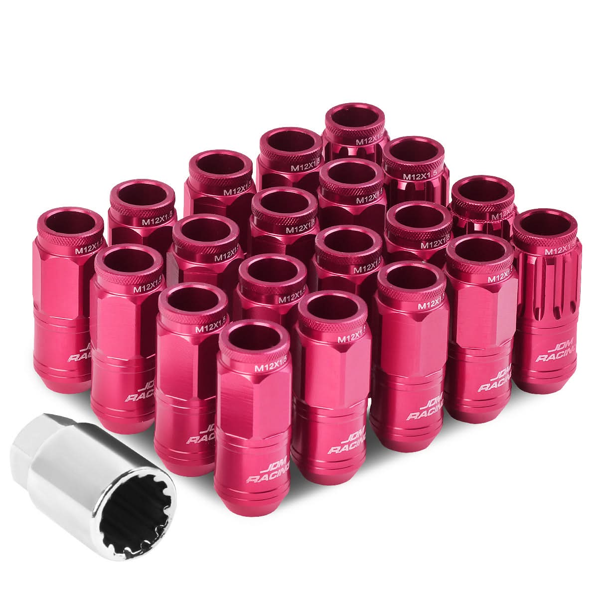 Acorn Style Aluminum Lug Nuts M12x1.5 50mm Pink 16pc + 4 Locks