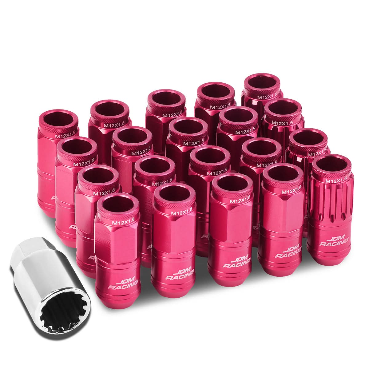 Acorn Style Aluminum Lug Nuts M12x1.5 50mm Pink 16pc + 4 Locks