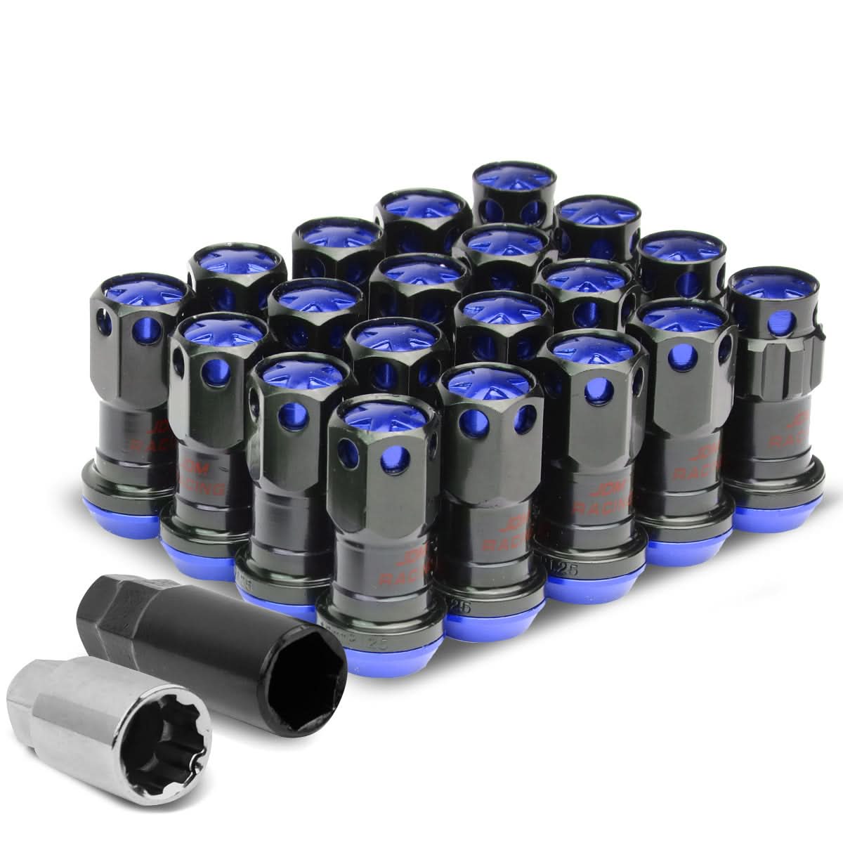 M12 x 1.25 Aluminum Lug Nuts with Locks 16pc Set Black/Blue