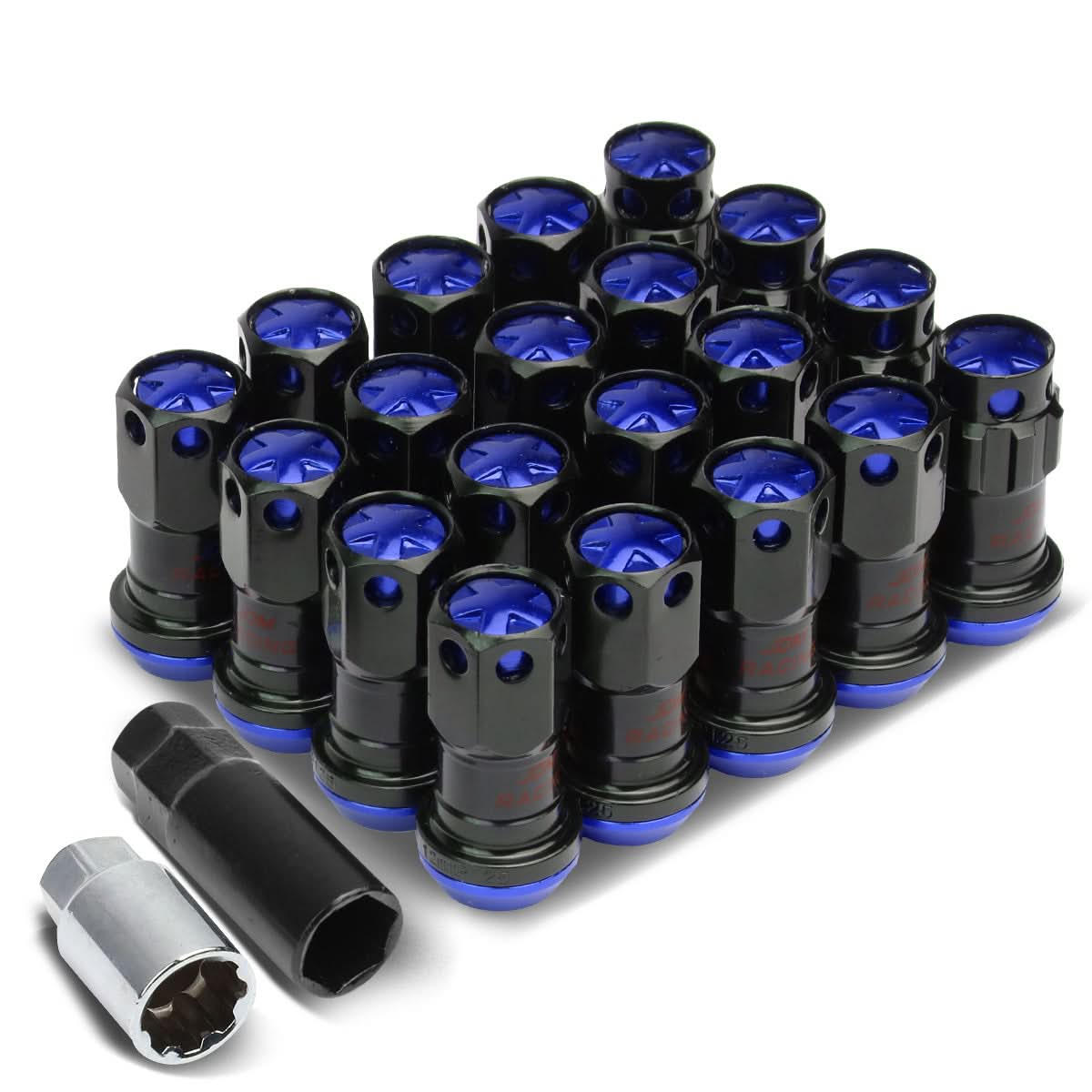 M12 x 1.25 Aluminum Lug Nuts with Locks 16pc Set Black/Blue