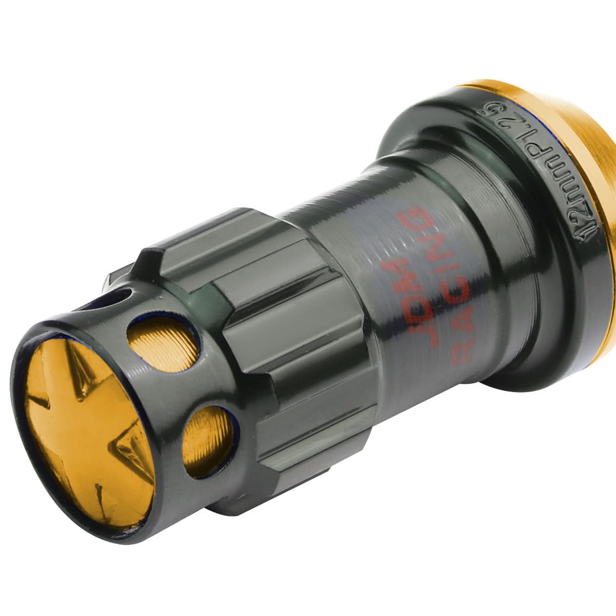 M12 x 1.25 Aluminum Lug Nuts Lock Style 45mm Tall Black/Gold 20pc