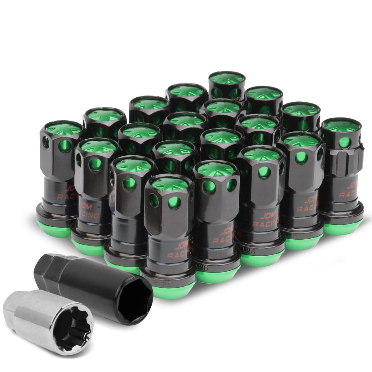 M12 x 1.25 Aluminum Lug Nuts Set 16pc + 4 Locks Black/Green