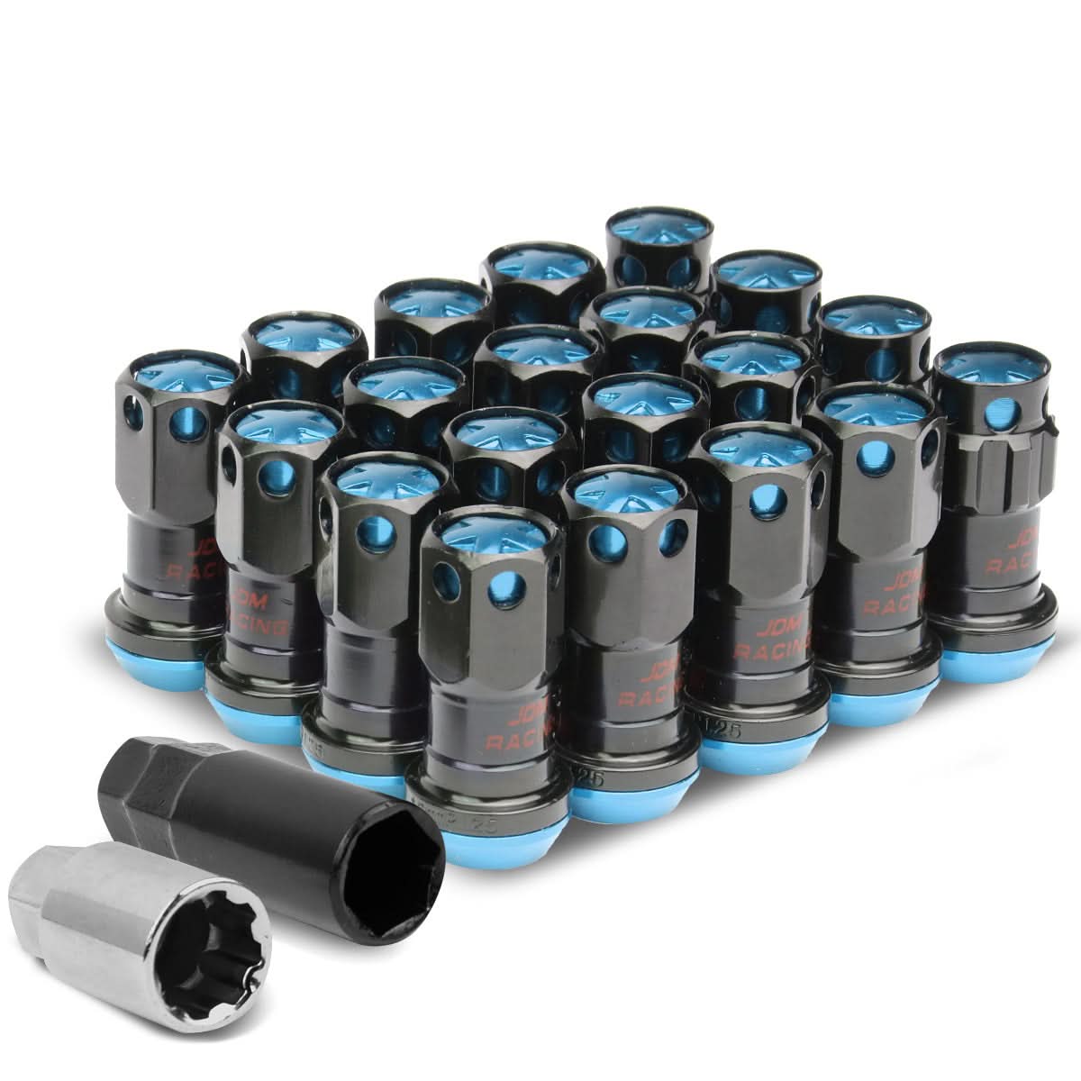 M12 x 1.25 Aluminum Lug Nuts Set - Lock Style 16pc + 4 Locks Black/Blue