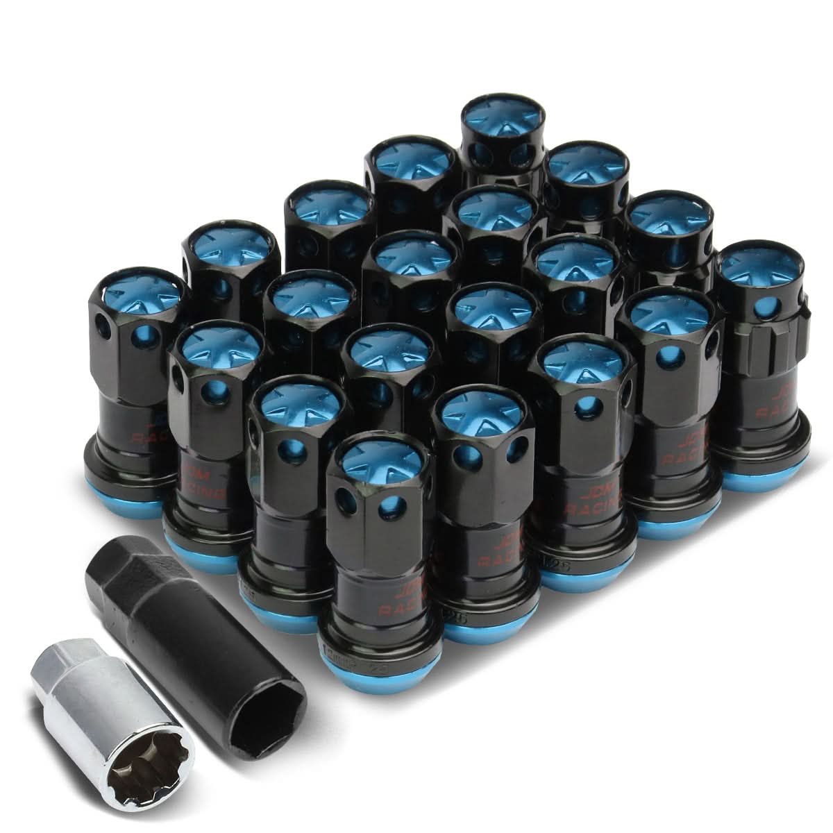 M12 x 1.25 Aluminum Lug Nuts Set - Lock Style 16pc + 4 Locks Black/Blue