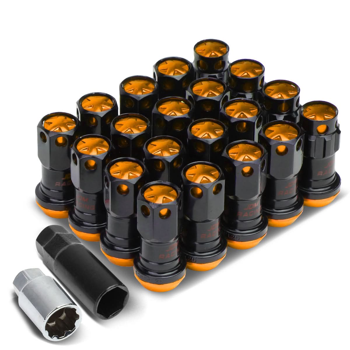 M12 x 1.25 Aluminum Lug Nuts 16pc Set with 4 Locks - Black/Orange