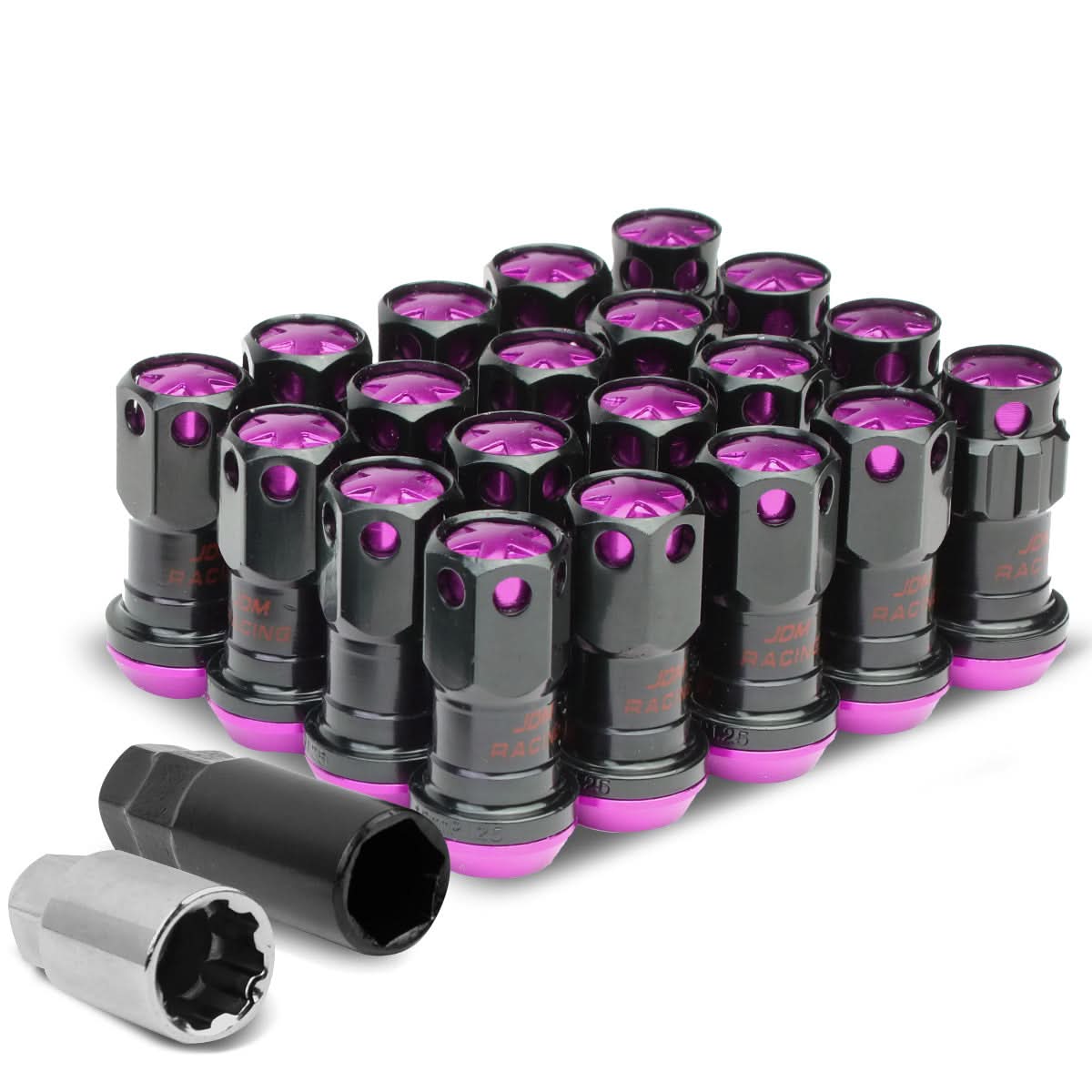 M12 x 1.25 Aluminum Lug Nuts Set - 45mm Closed End with Locks Black/Purple