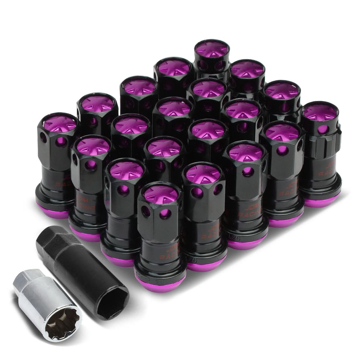 M12 x 1.25 Aluminum Lug Nuts Set - 45mm Closed End with Locks Black/Purple