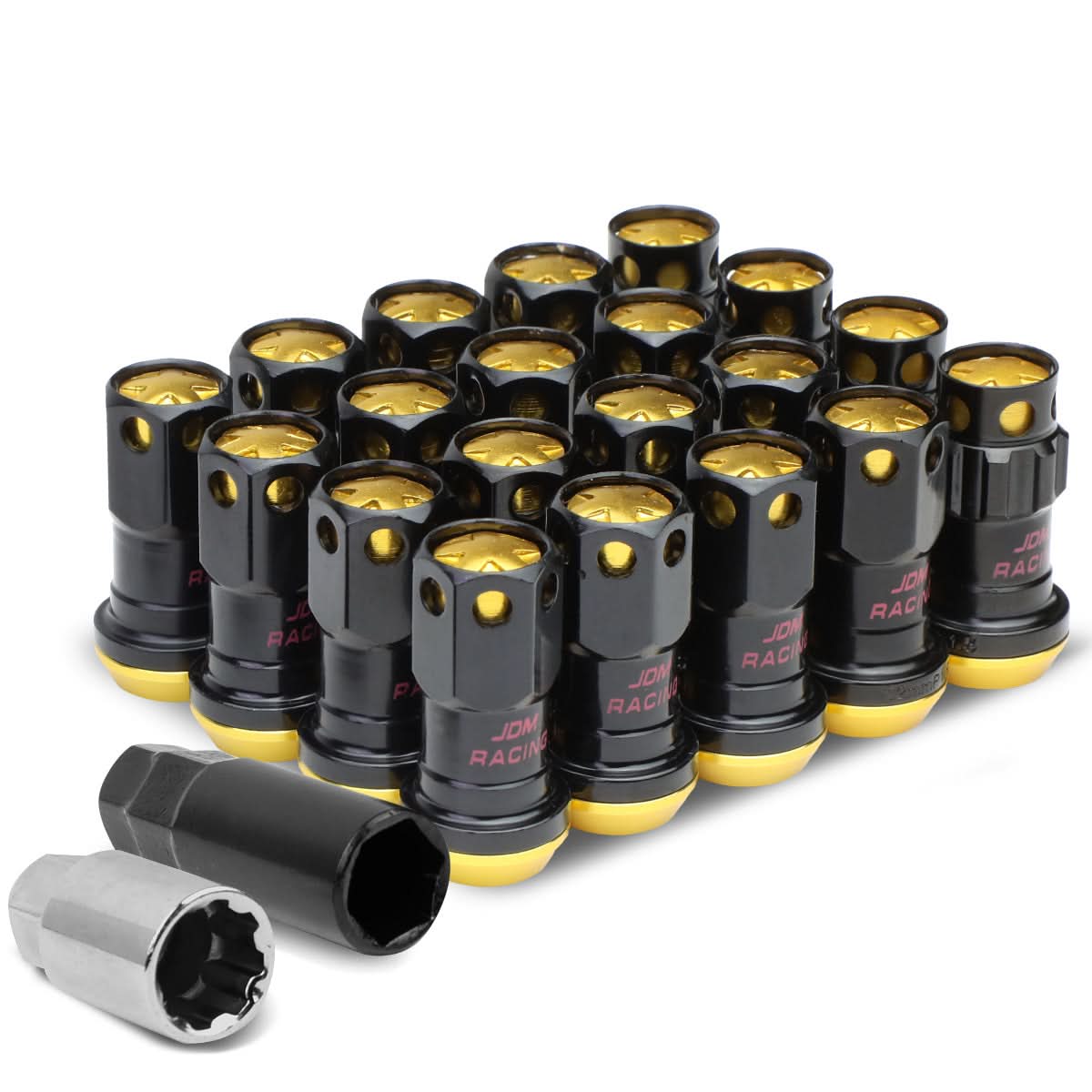 Aluminum Lug Nuts M12x1.5 Lock Style 20pc Set Black/Gold