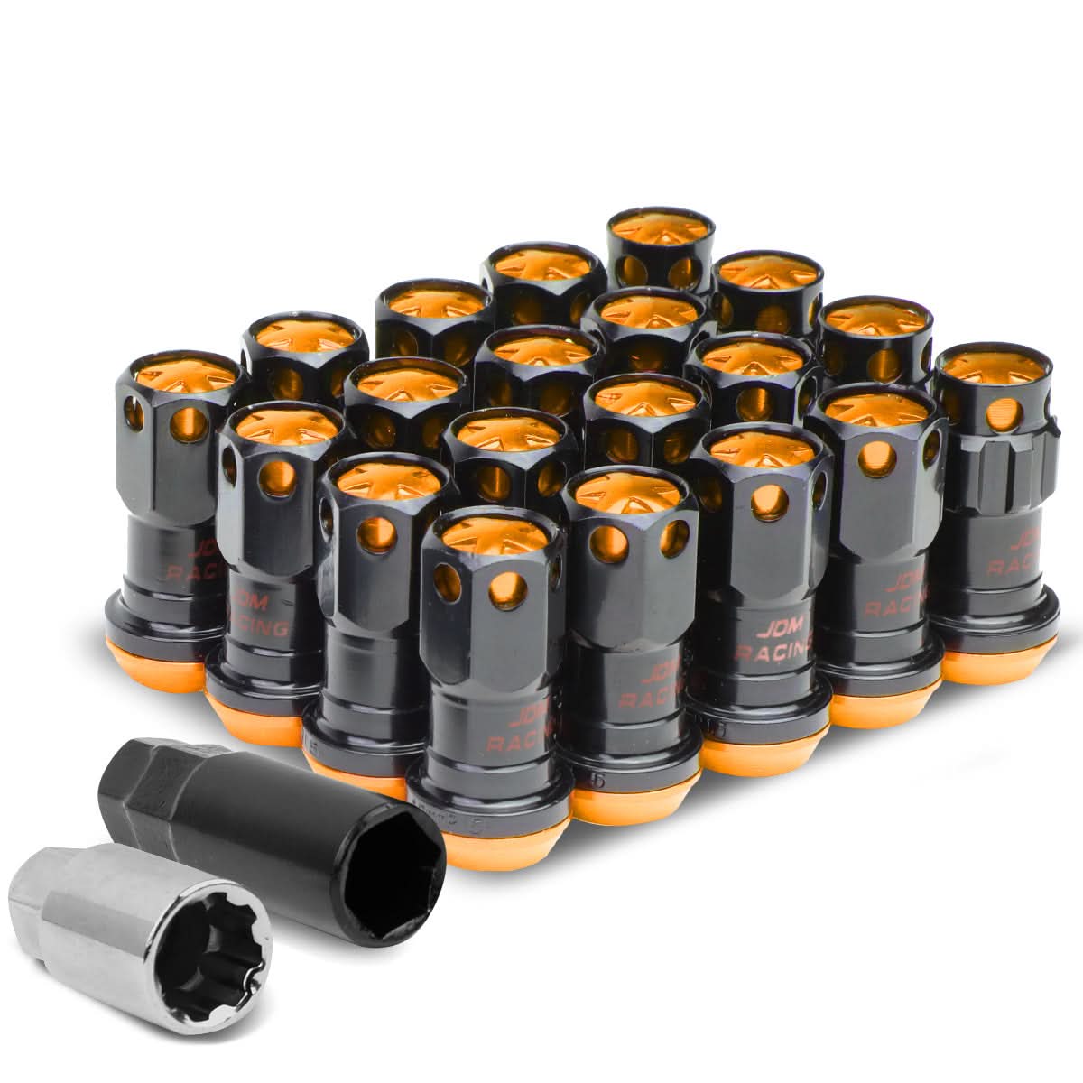 M12 x 1.5 Aluminum Lug Nuts Set 16 Pcs + 4 Locks Black/Orange