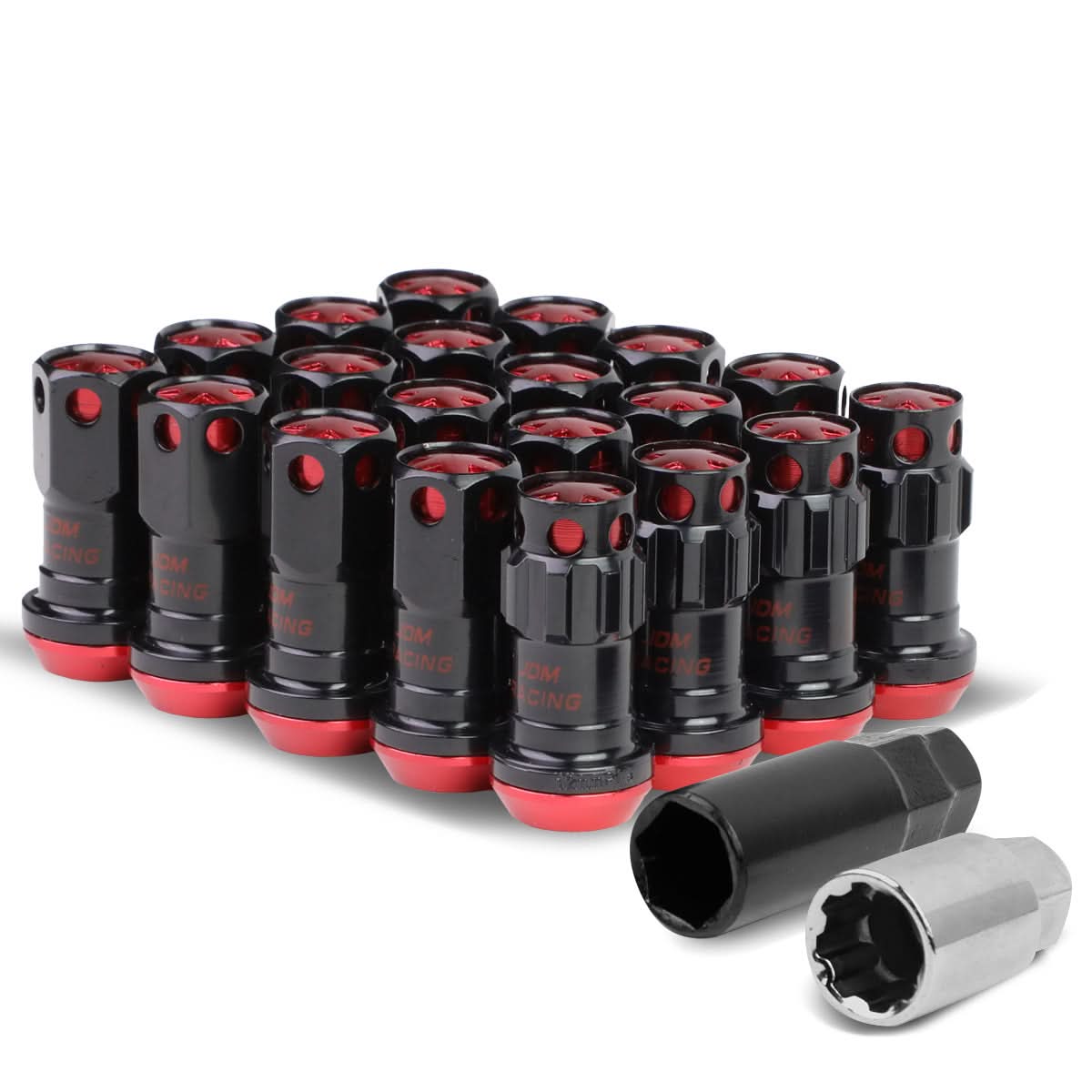 M12 x 1.5 Aluminum Lug Nuts 45mm Closed End Lock Style 16pc Black Red