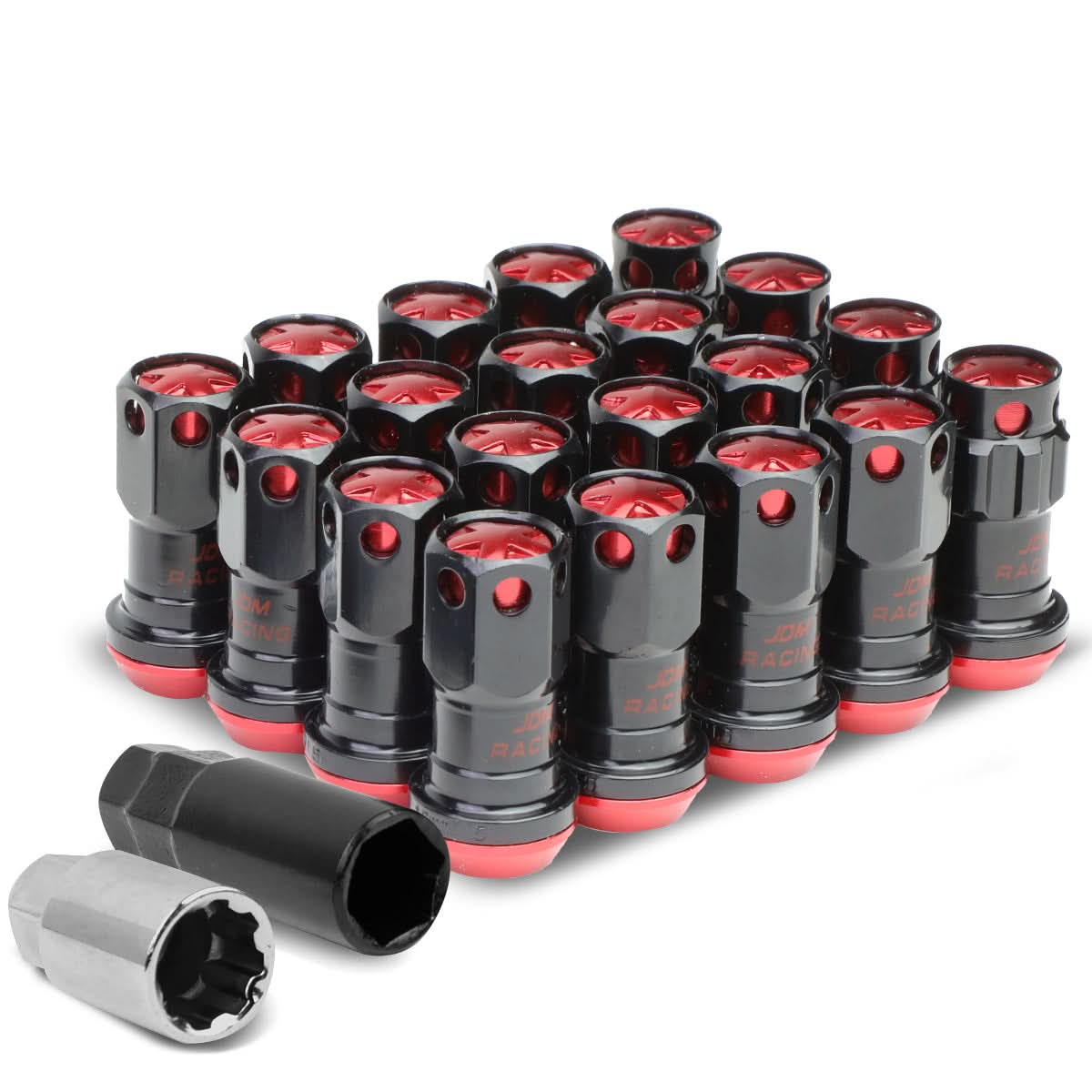 M12 x 1.5 Aluminum Lug Nuts 45mm Closed End Lock Style 16pc Black Red