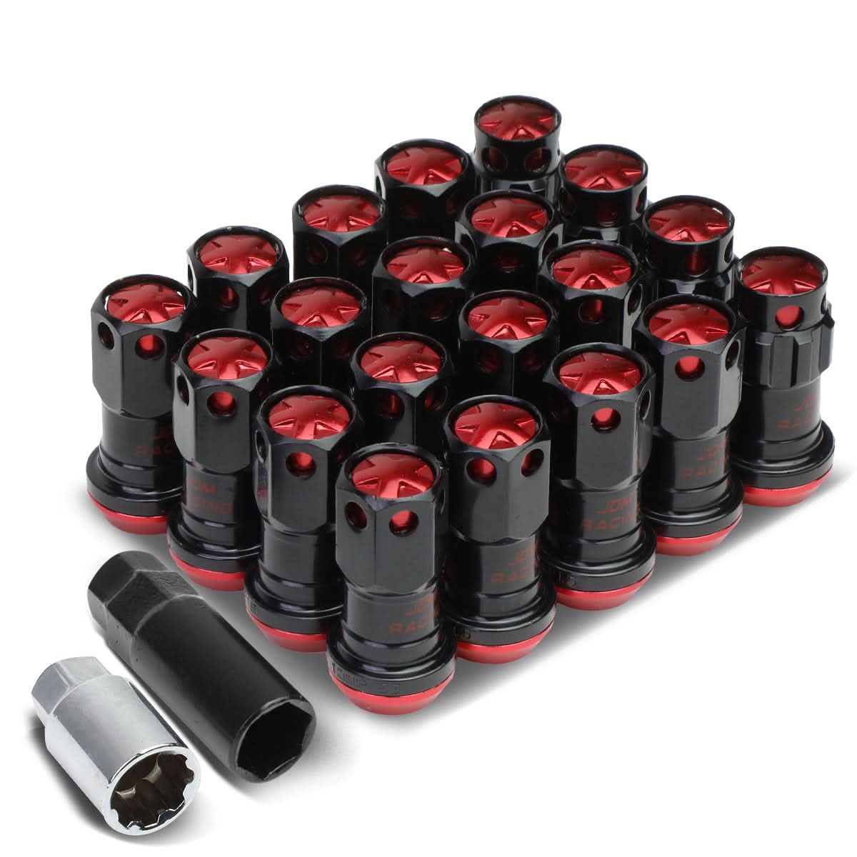 M12 x 1.5 Aluminum Lug Nuts 45mm Closed End Lock Style 16pc Black Red