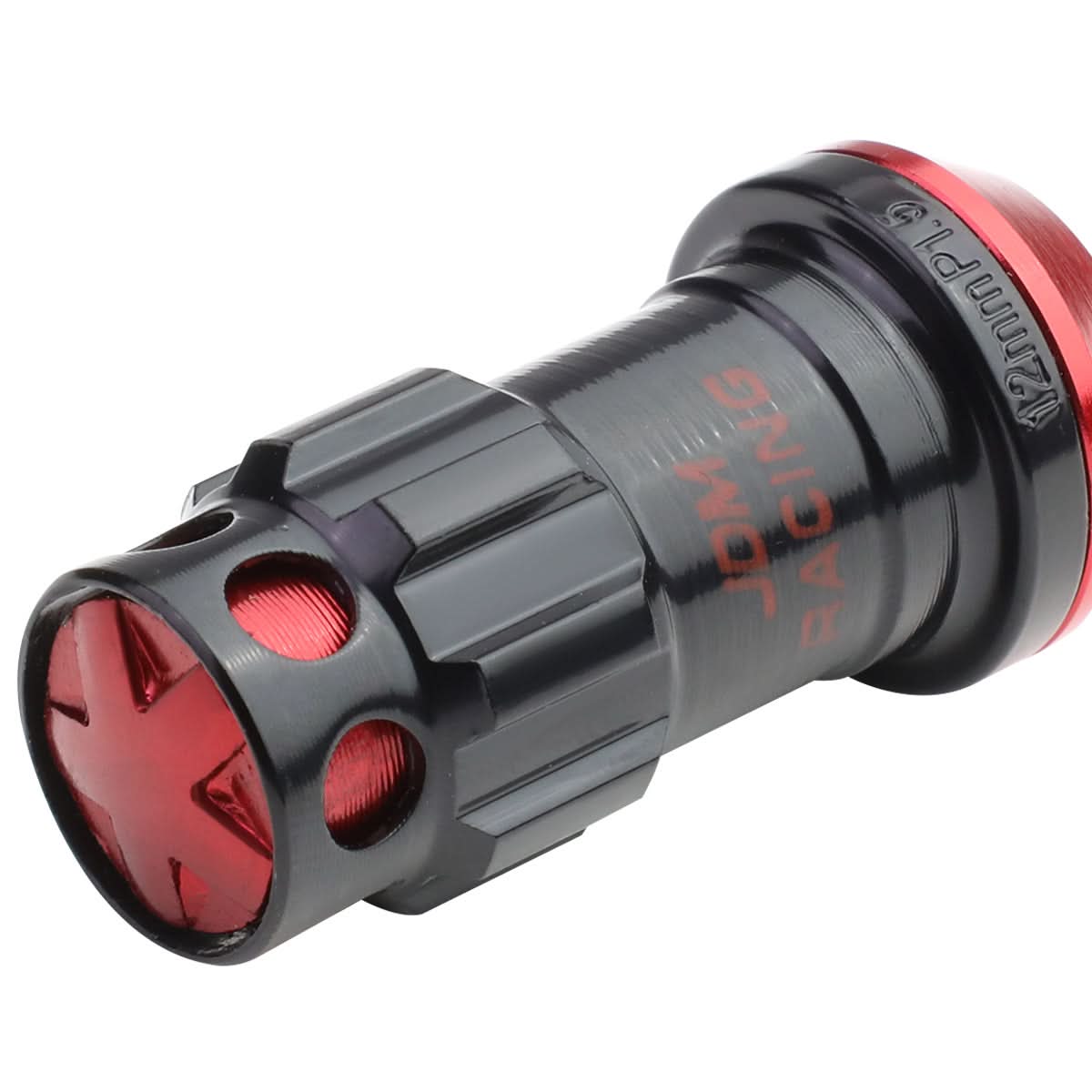 M12 x 1.5 Aluminum Lug Nuts 45mm Closed End Lock Style 16pc Black Red