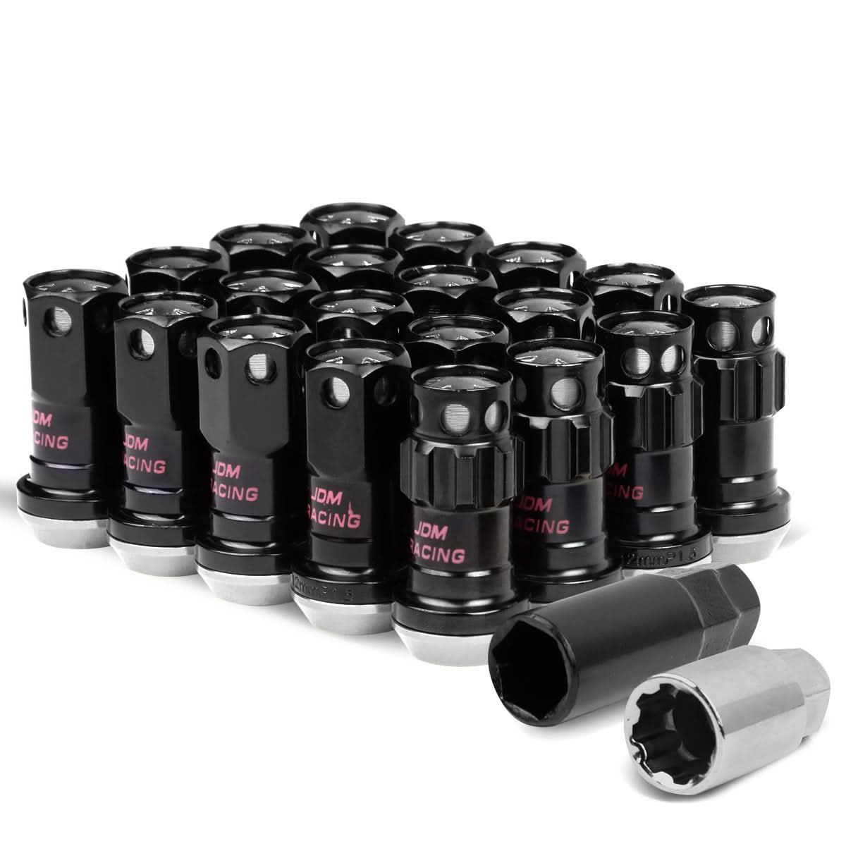 M12x1.5 Aluminum Lug Nuts 45mm Closed End 16pc + 4 Locks Black Silver