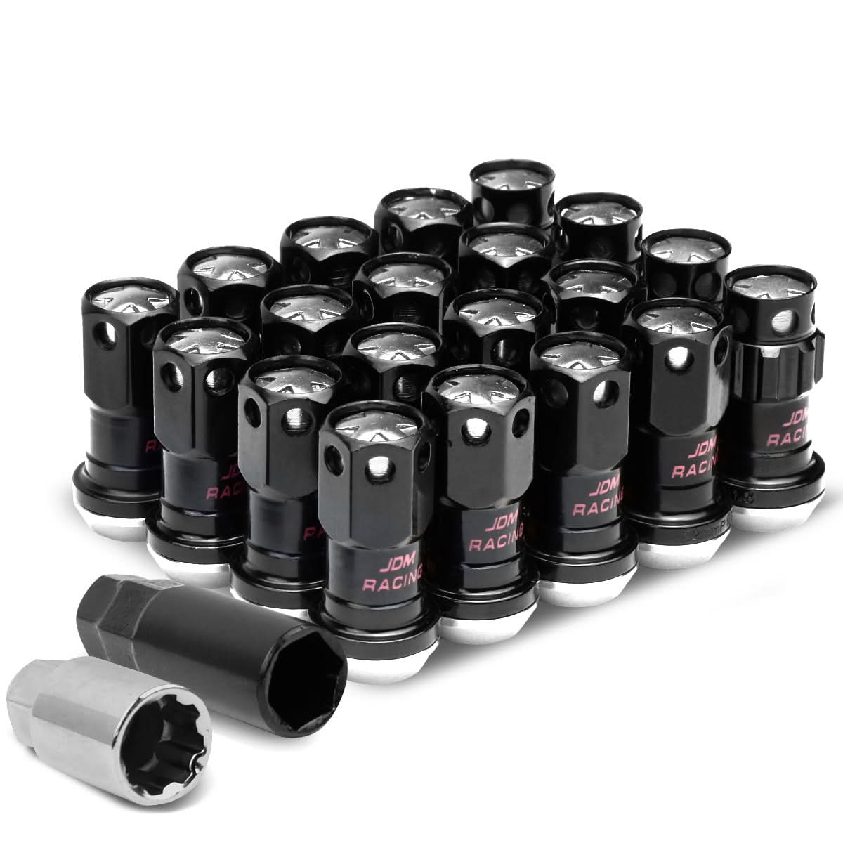M12x1.5 Aluminum Lug Nuts 45mm Closed End 16pc + 4 Locks Black Silver