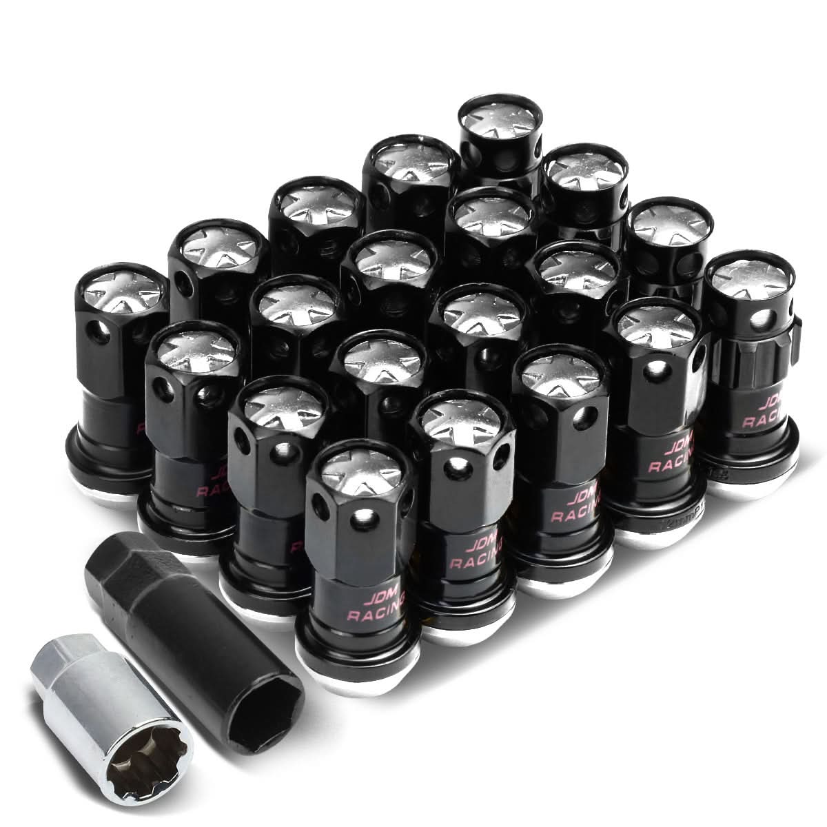 M12x1.5 Aluminum Lug Nuts 45mm Closed End 16pc + 4 Locks Black Silver