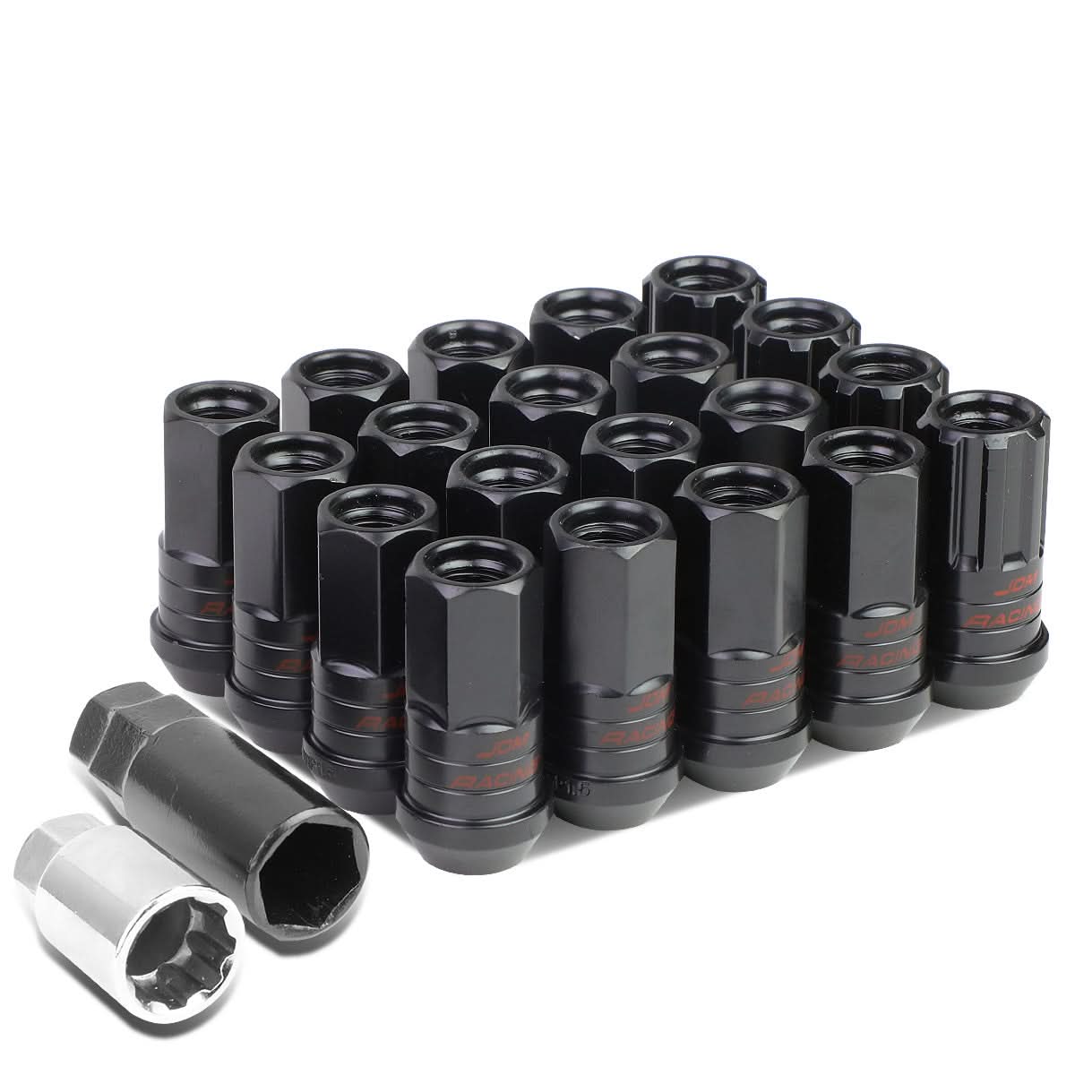 Steel Lug Nuts M12x1.5 Acorn Extended 16pcs + 4 Locks Black