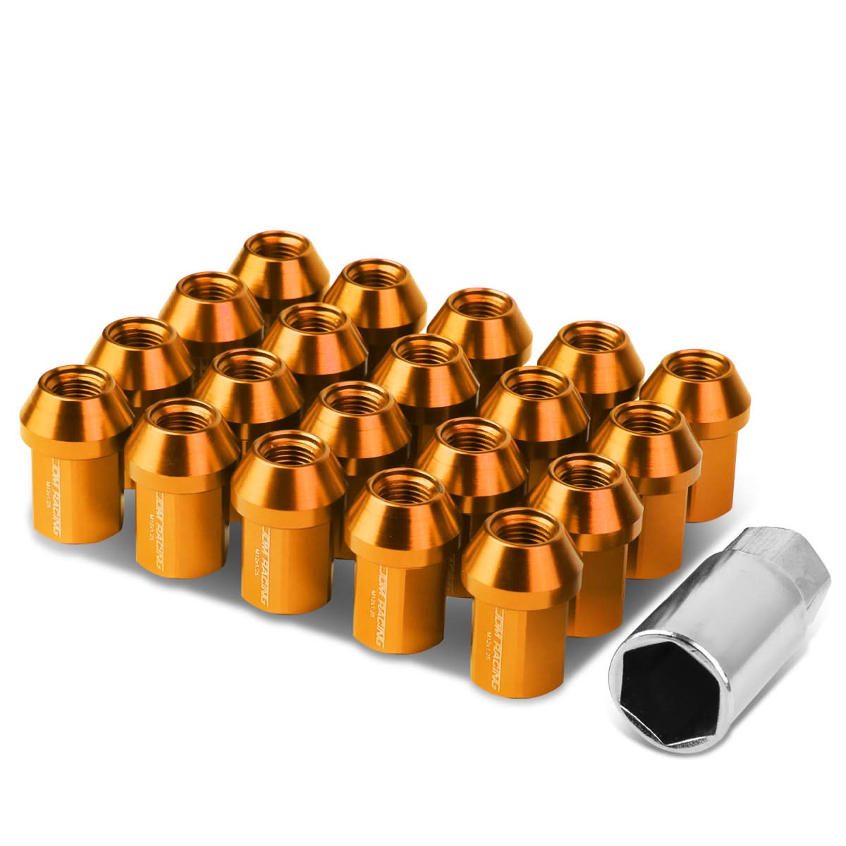 M12x1.25 Acorn Style Lug Nuts 35mm Tall 20pc Set Orange Aluminum