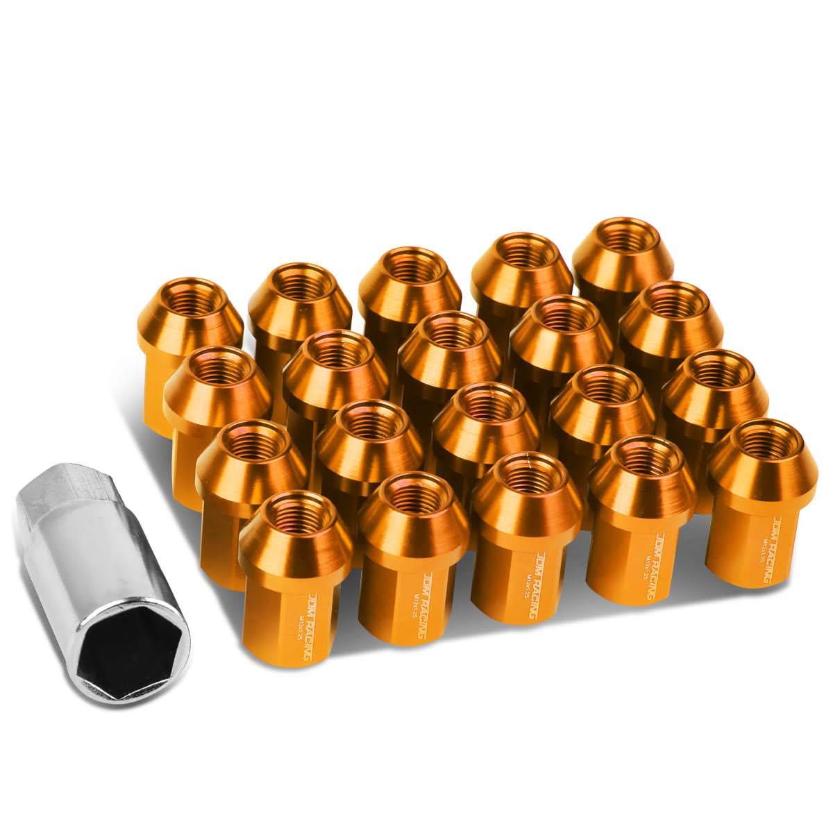 M12x1.25 Acorn Style Lug Nuts 35mm Tall 20pc Set Orange Aluminum