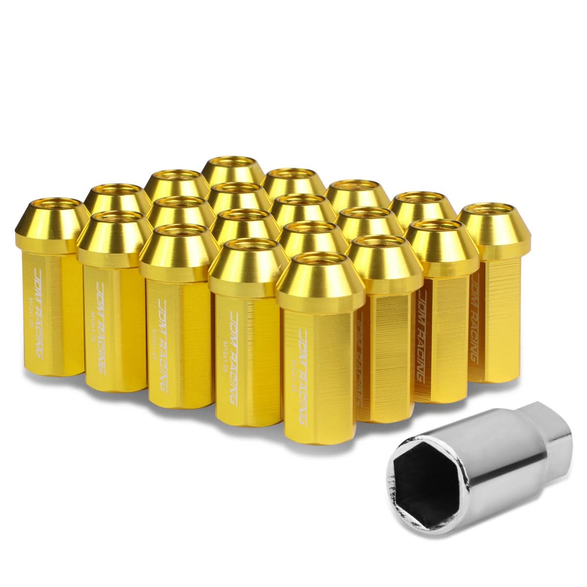 M12 x 1.25 Extended Acorn Lug Nuts 50mm Gold Aluminum 20pc Set