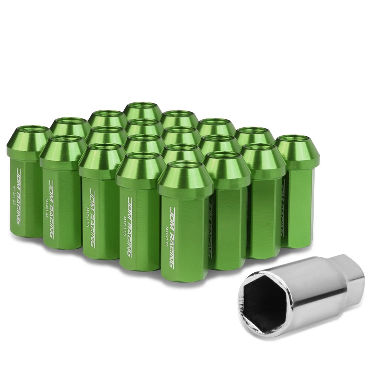 M12 x 1.25 Extended Acorn Lug Nuts 50mm Green Aluminum 20pc