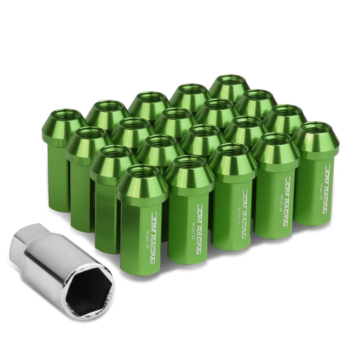 M12 x 1.25 Extended Acorn Lug Nuts 50mm Green Aluminum 20pc