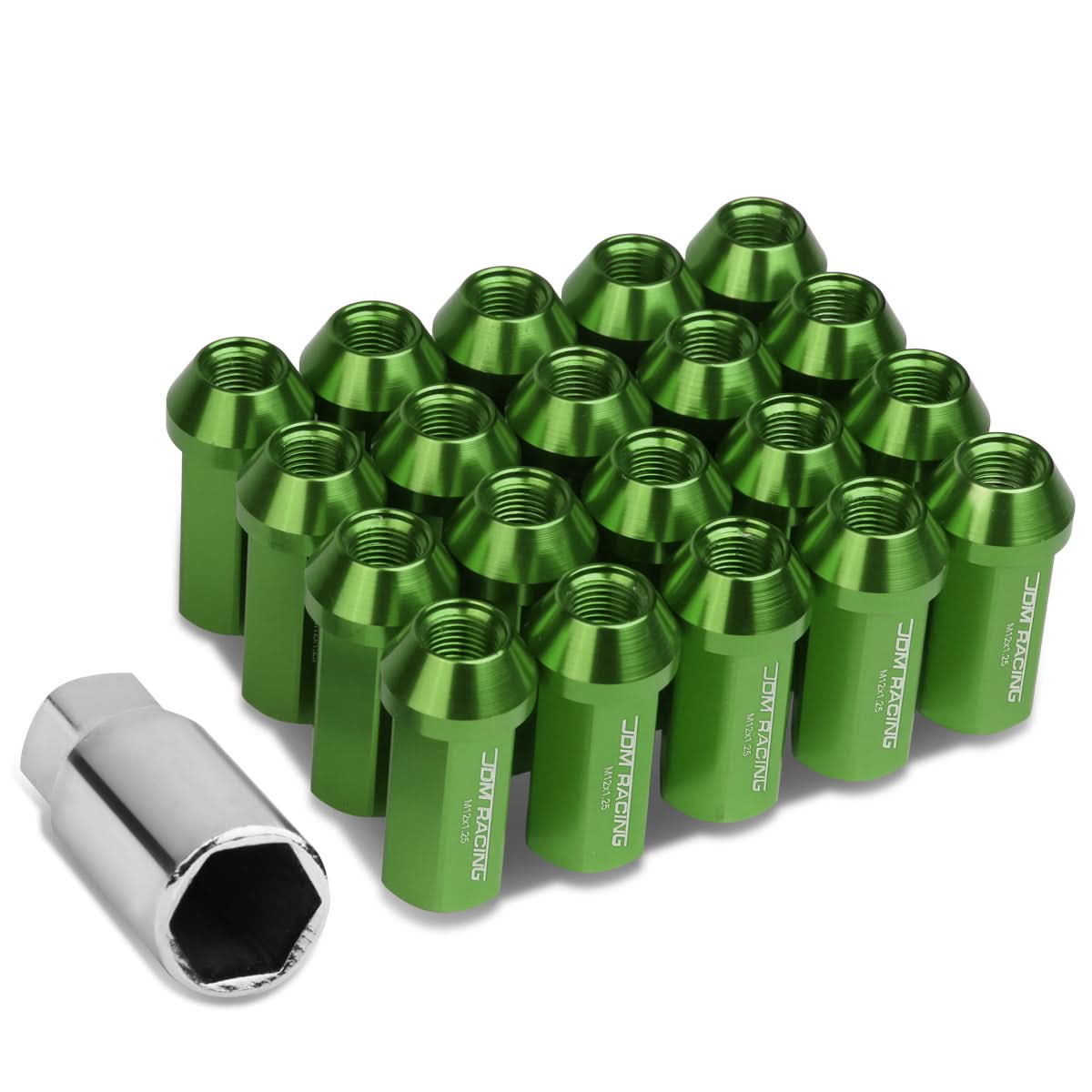 M12 x 1.25 Extended Acorn Lug Nuts 50mm Green Aluminum 20pc