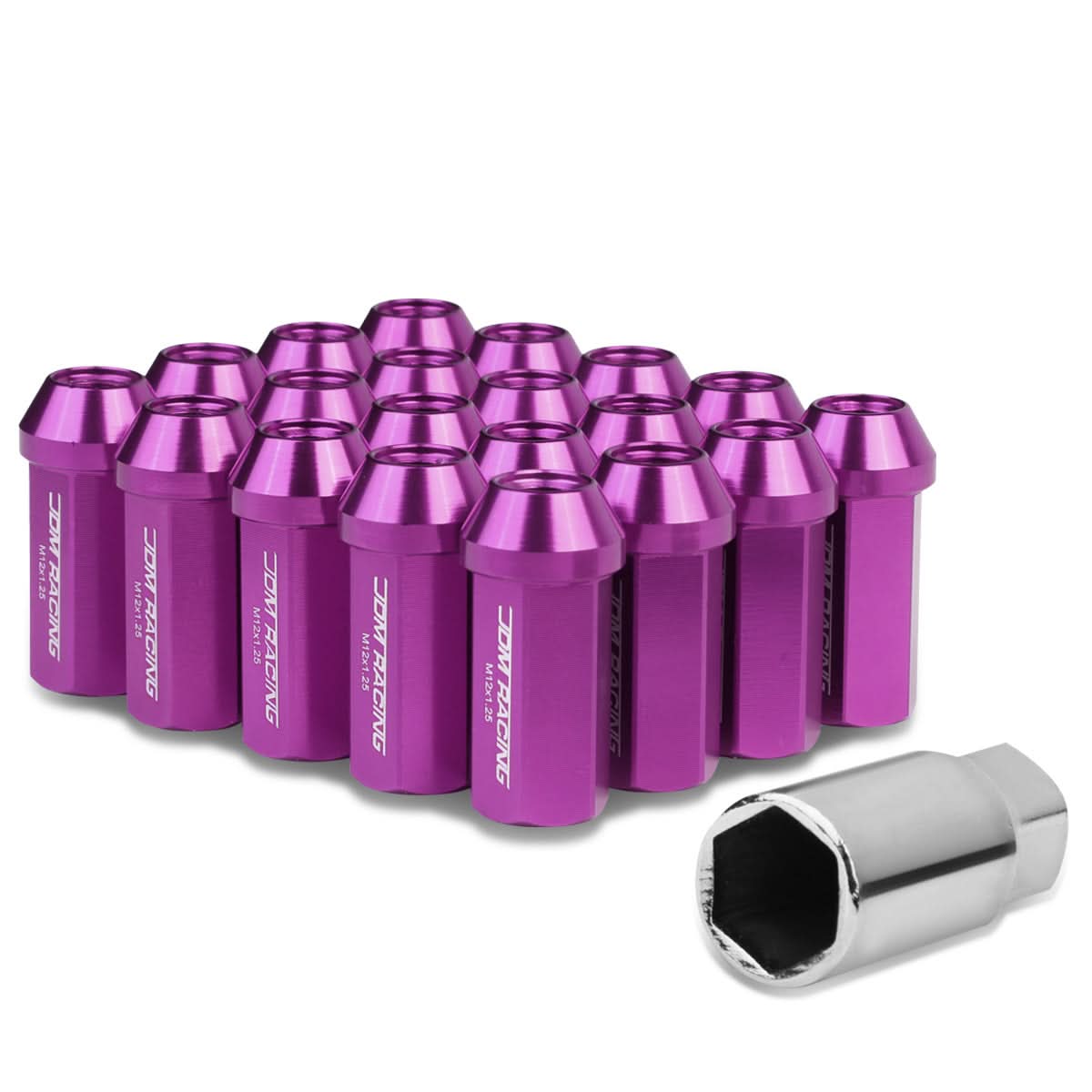 M12 x 1.25 Extended Acorn Lug Nuts 50mm Purple Aluminum 20pc Set