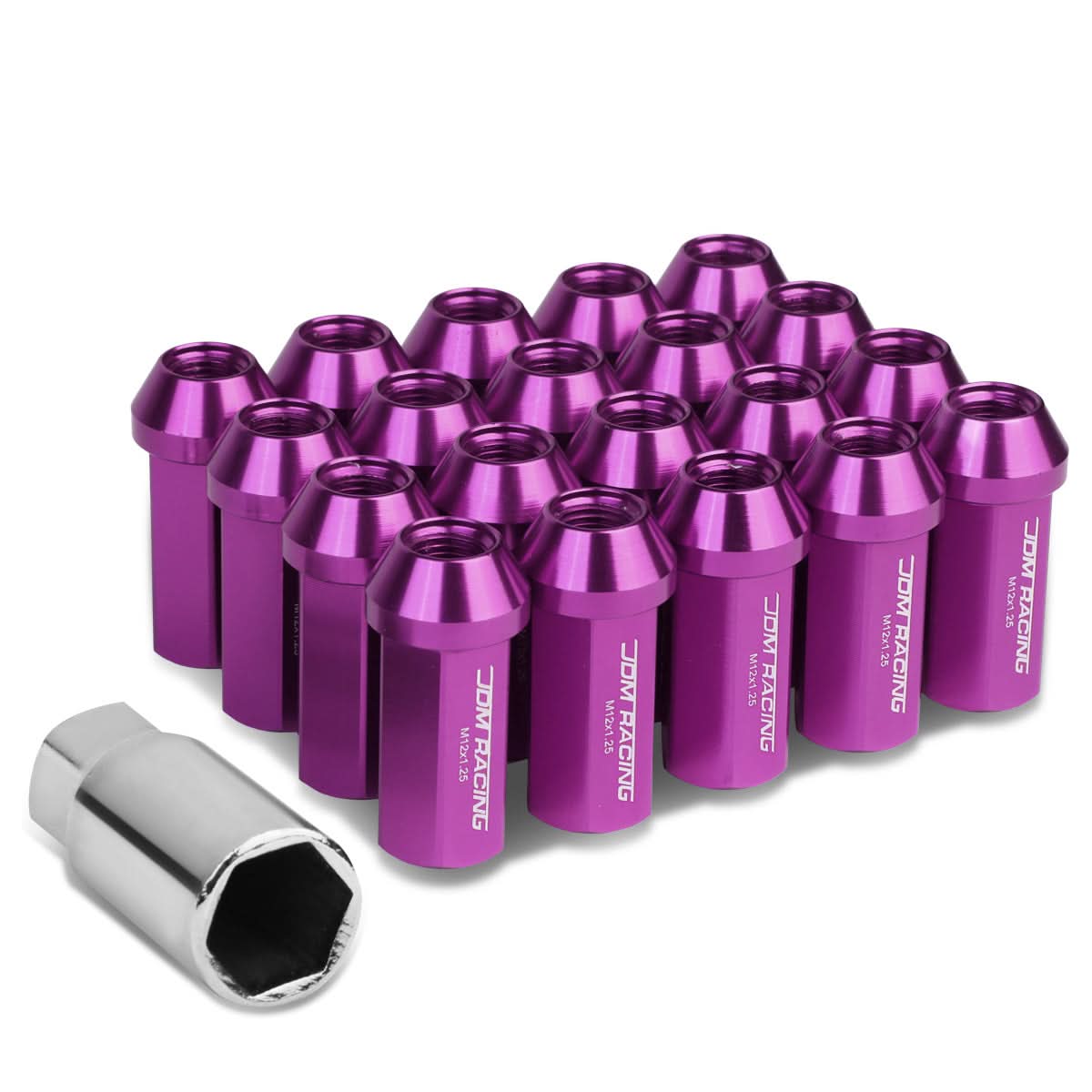 M12 x 1.25 Extended Acorn Lug Nuts 50mm Purple Aluminum 20pc Set