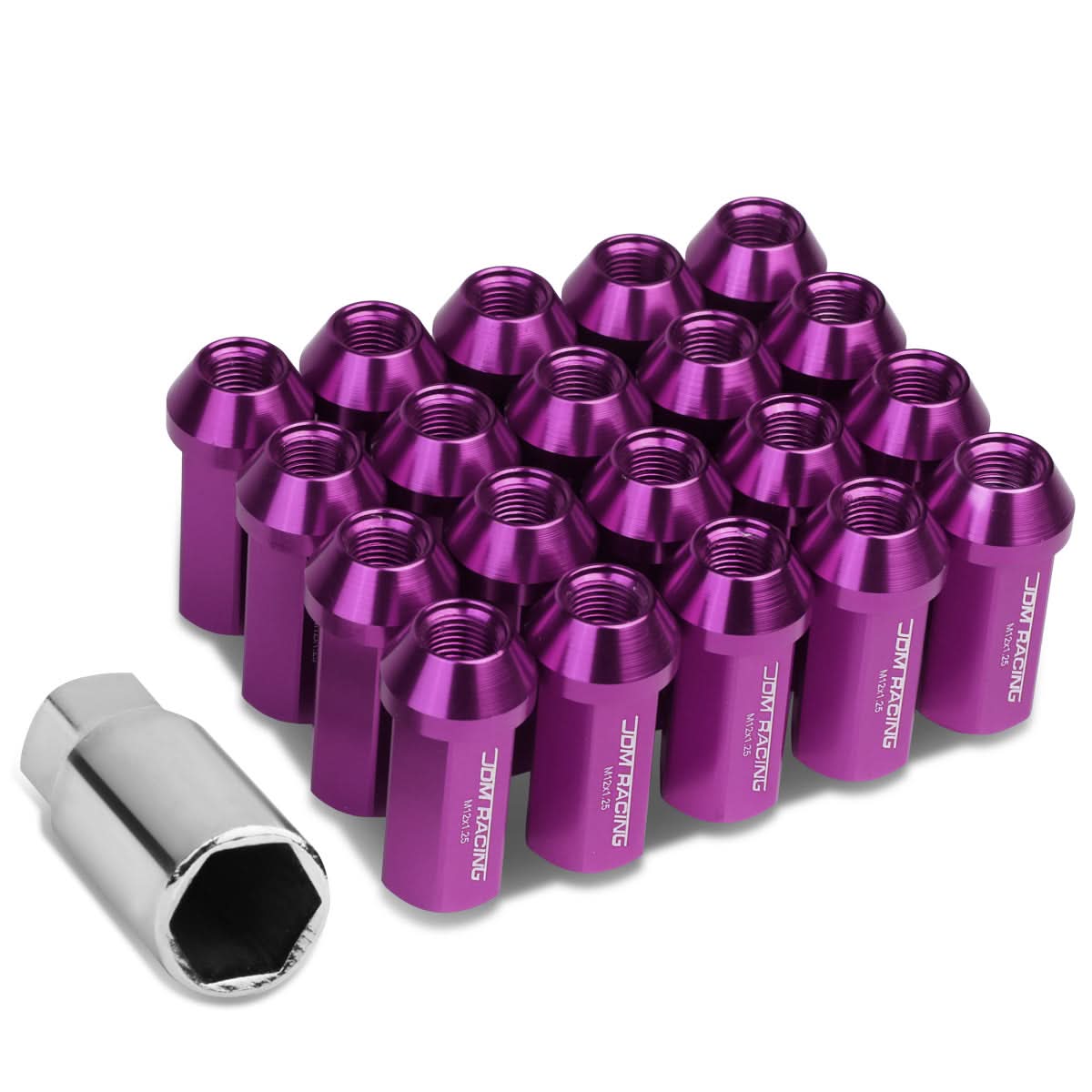 M12 x 1.25 Extended Acorn Lug Nuts 50mm Purple Aluminum 20pc Set